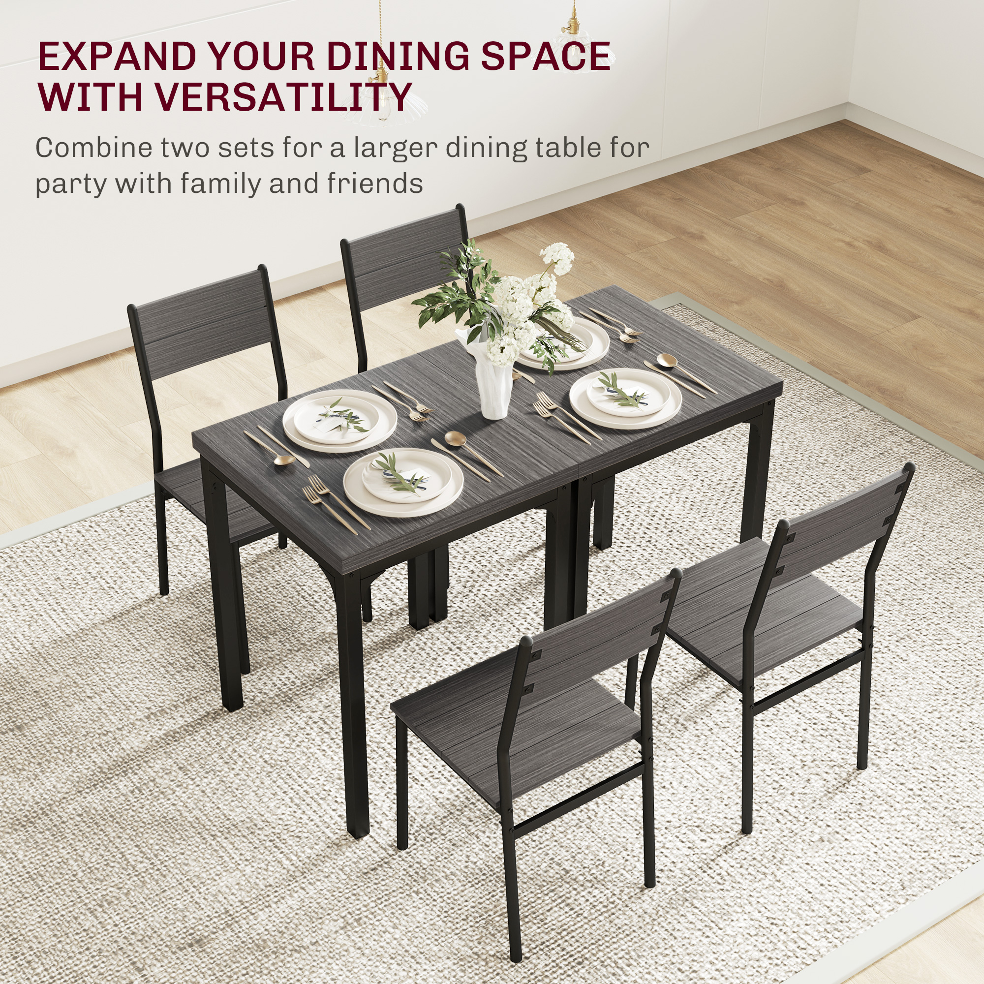 Dining Table Set for 2, 3 Piece Kitchen Table and Chairs with Metal Legs for Small Spaces, Grey Wood Effect - Image 5
