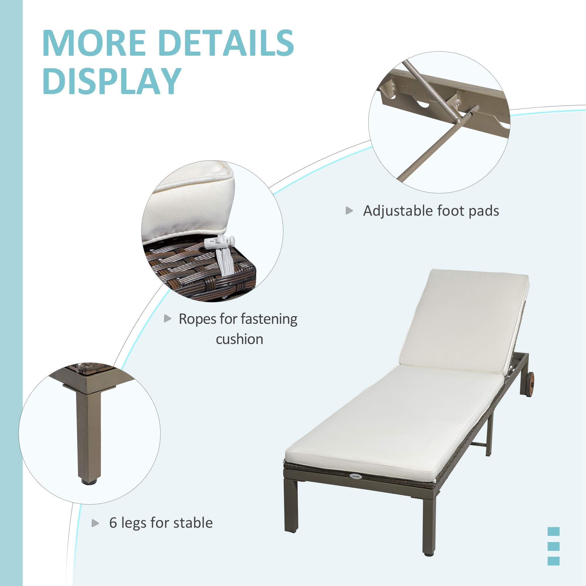 Patio Rattan Sun Lounger with 4-Level Adjustable Backrest and Wheels, Wicker Chaise Lounge Chair with Cushion, for Patio, Deck, Poolside Cream White - Image 3
