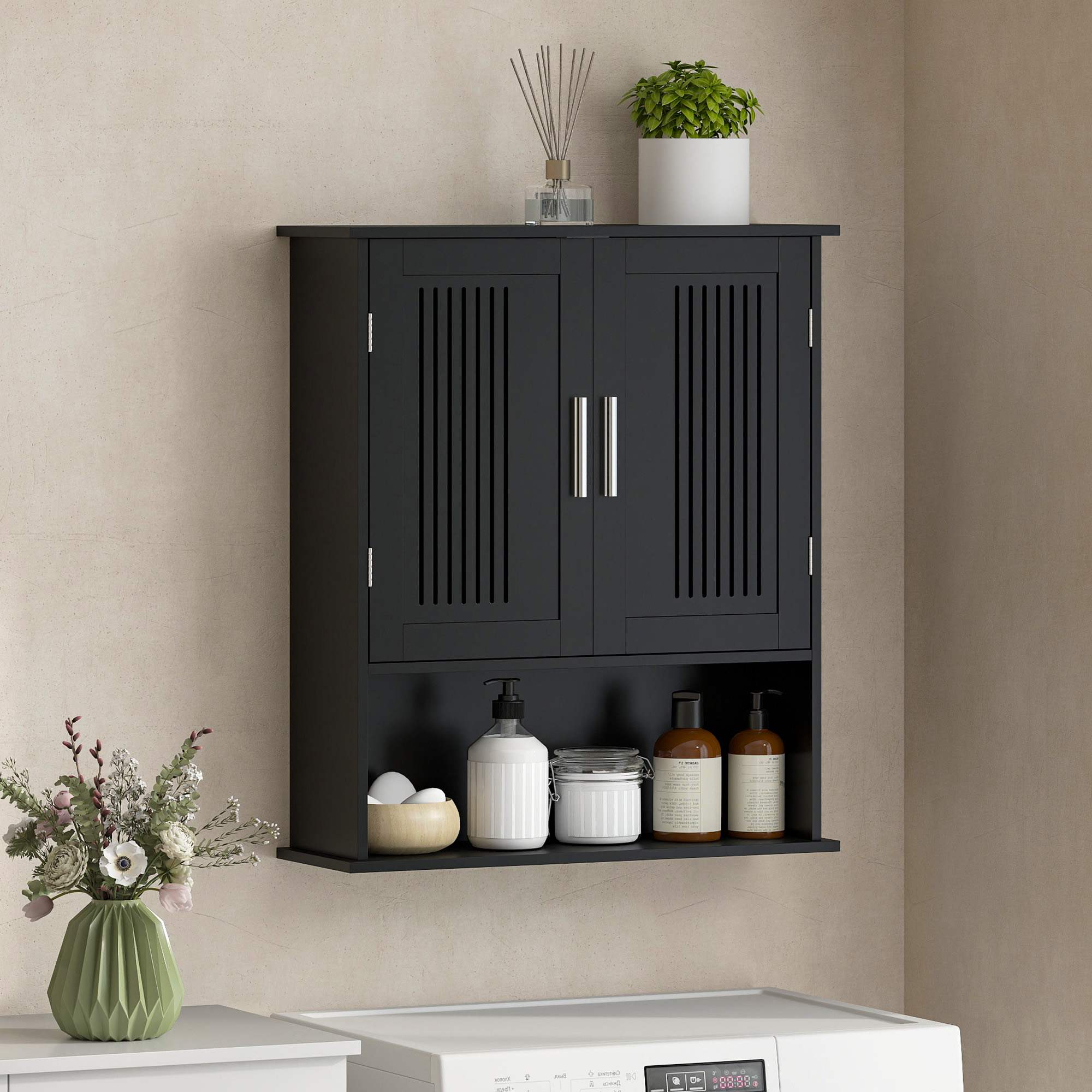 Modern Wall Mount Bathroom Cabinet, Storage Organizer with 2 Door Cabinet and Shelf, Black - Image 6