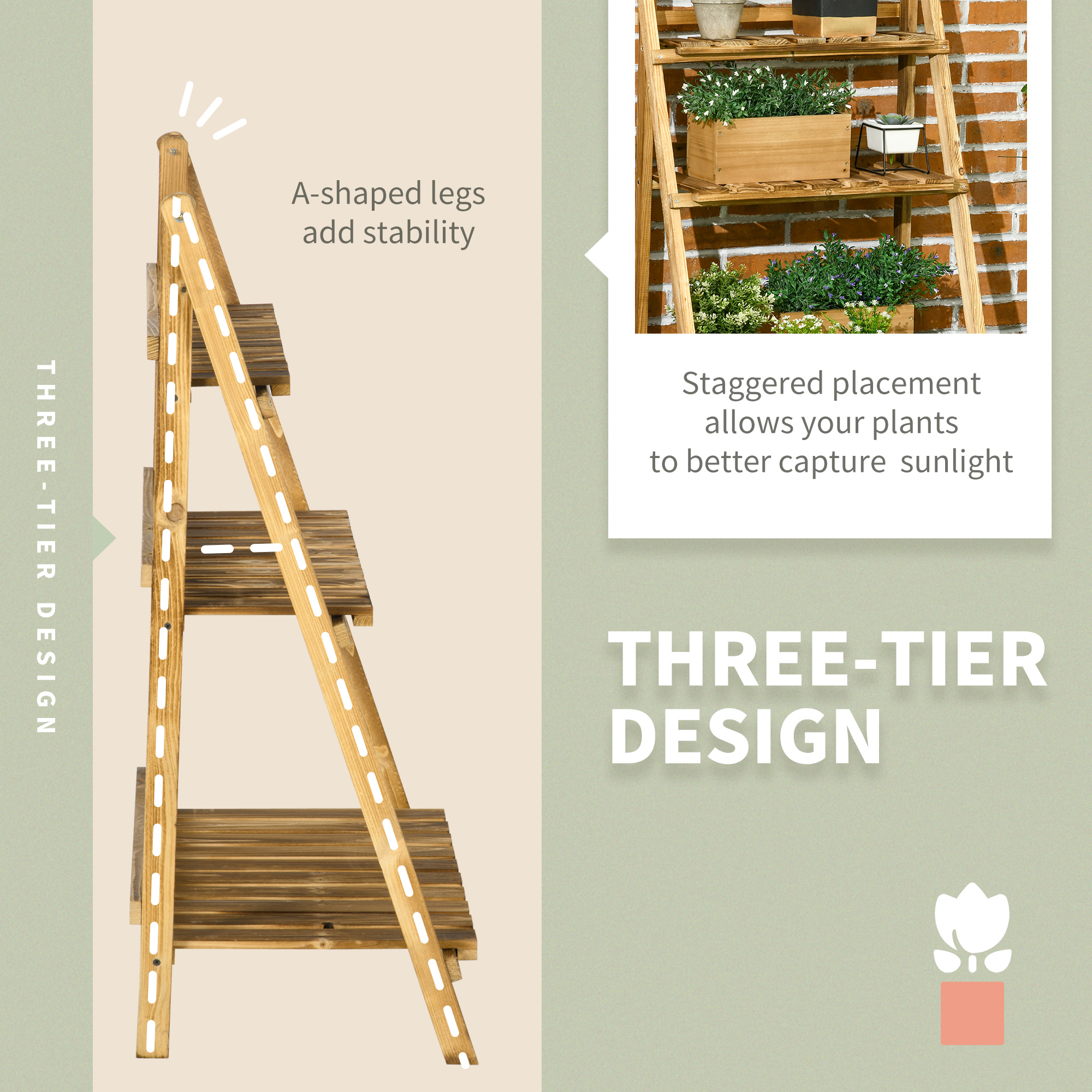 Outdoor Plant Stand, Foldable Flower Stand 3-Tier Wooden Plant Shelf for Garden Indoor Outdoor, 24" x 14" x 37" - Image 3