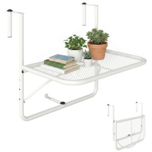 Adjustable Balcony Hanging Railing Table, Metal Mounting Mini Wall Desk Storage Rack, Outdoor Flower Stand Serving Table Rectangle, White