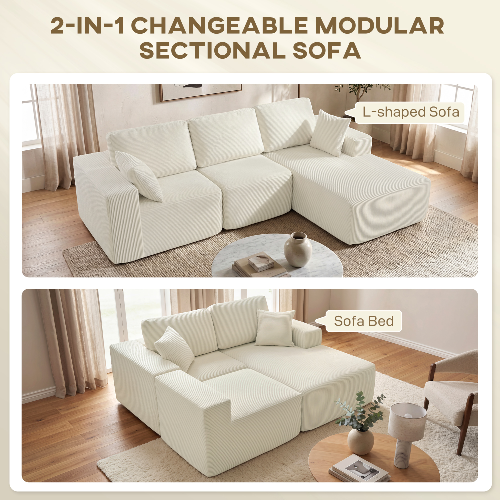 2-in-1 Modular Sectional Sofa, Boneless L Shaped Couch Sofa Bed, Cream White - Image 2