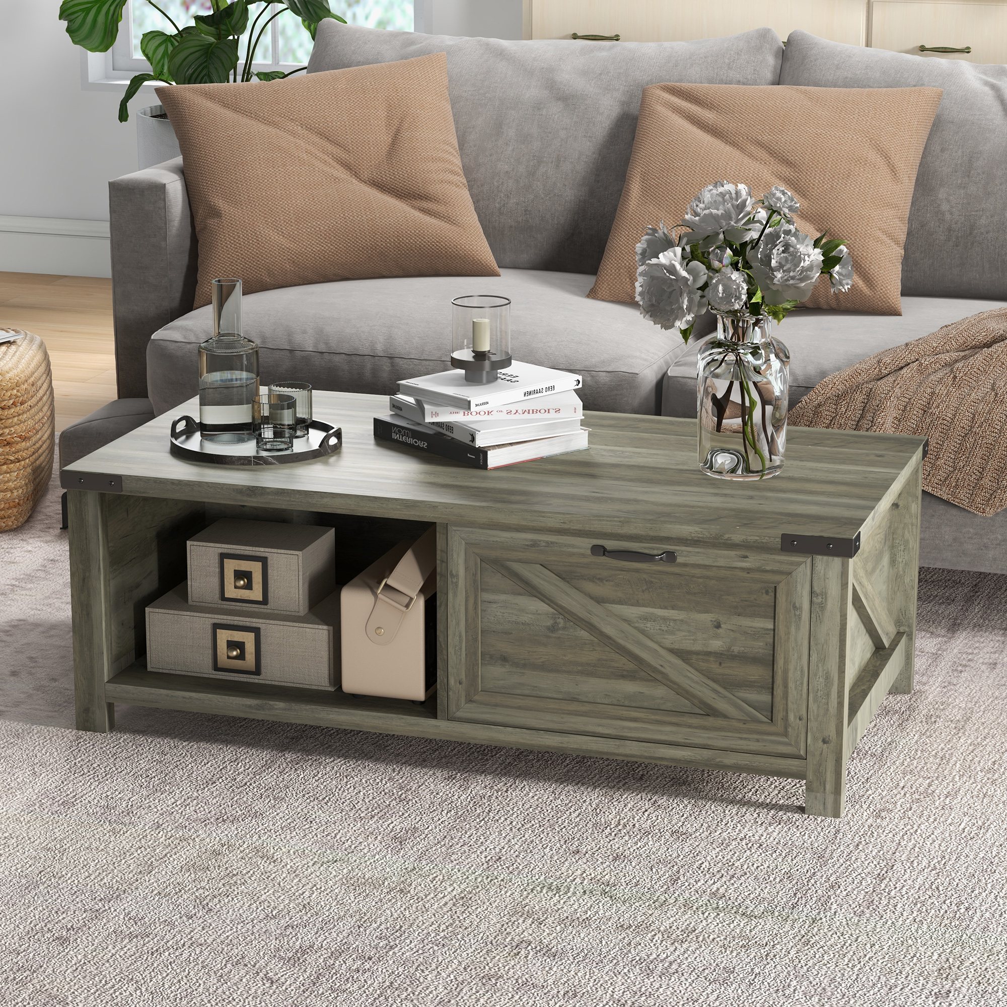 Farmhouse Coffee Table with Drawer and Storage Shelf, Rustic Center Table for Living Room, Meeting Room, Grey - Image 5