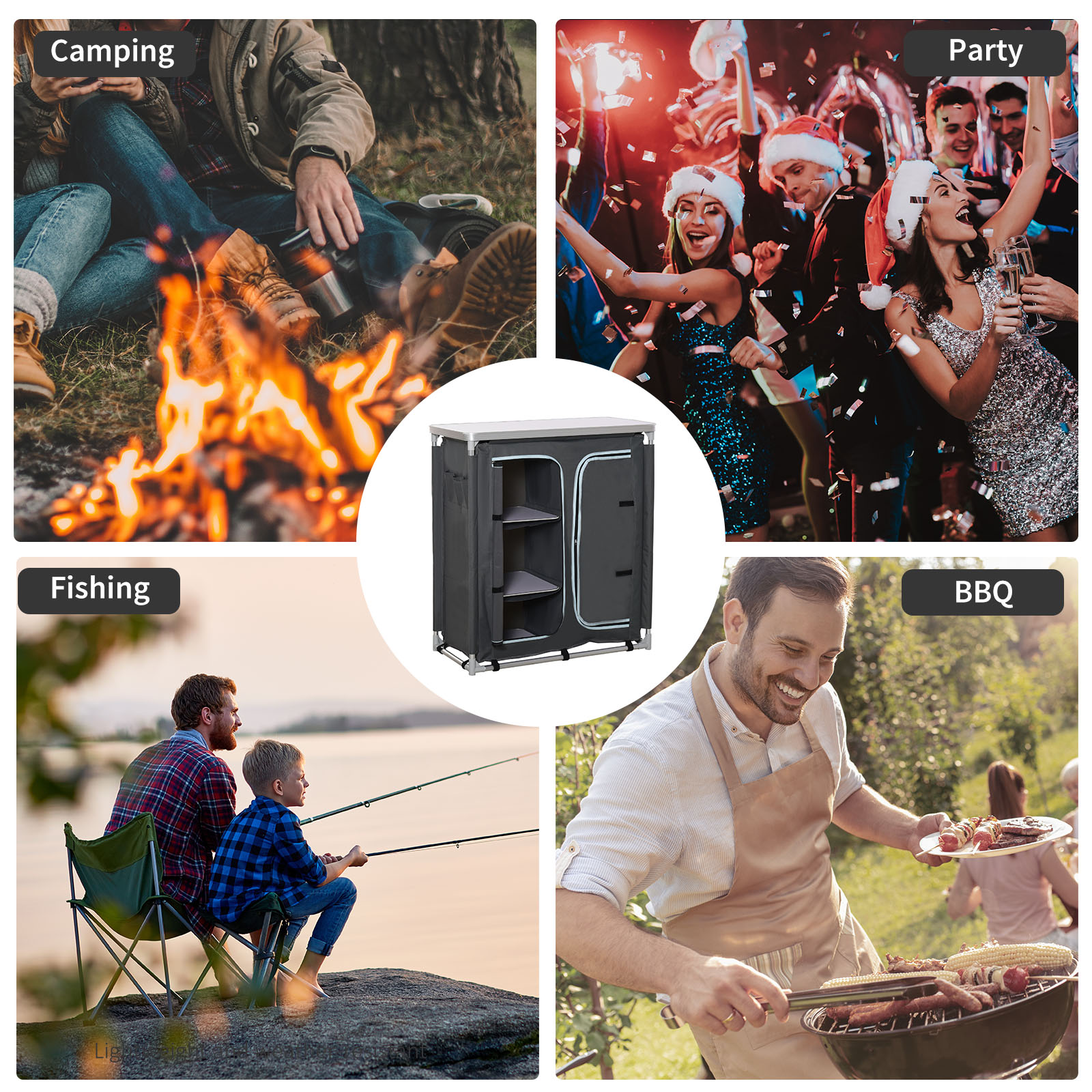 Aluminum Camping Table, Camping Kitchen Station Cook Cupborad with 3-Shelf, Storage Organiser for BBQ Party Picnic Grey - Image 4