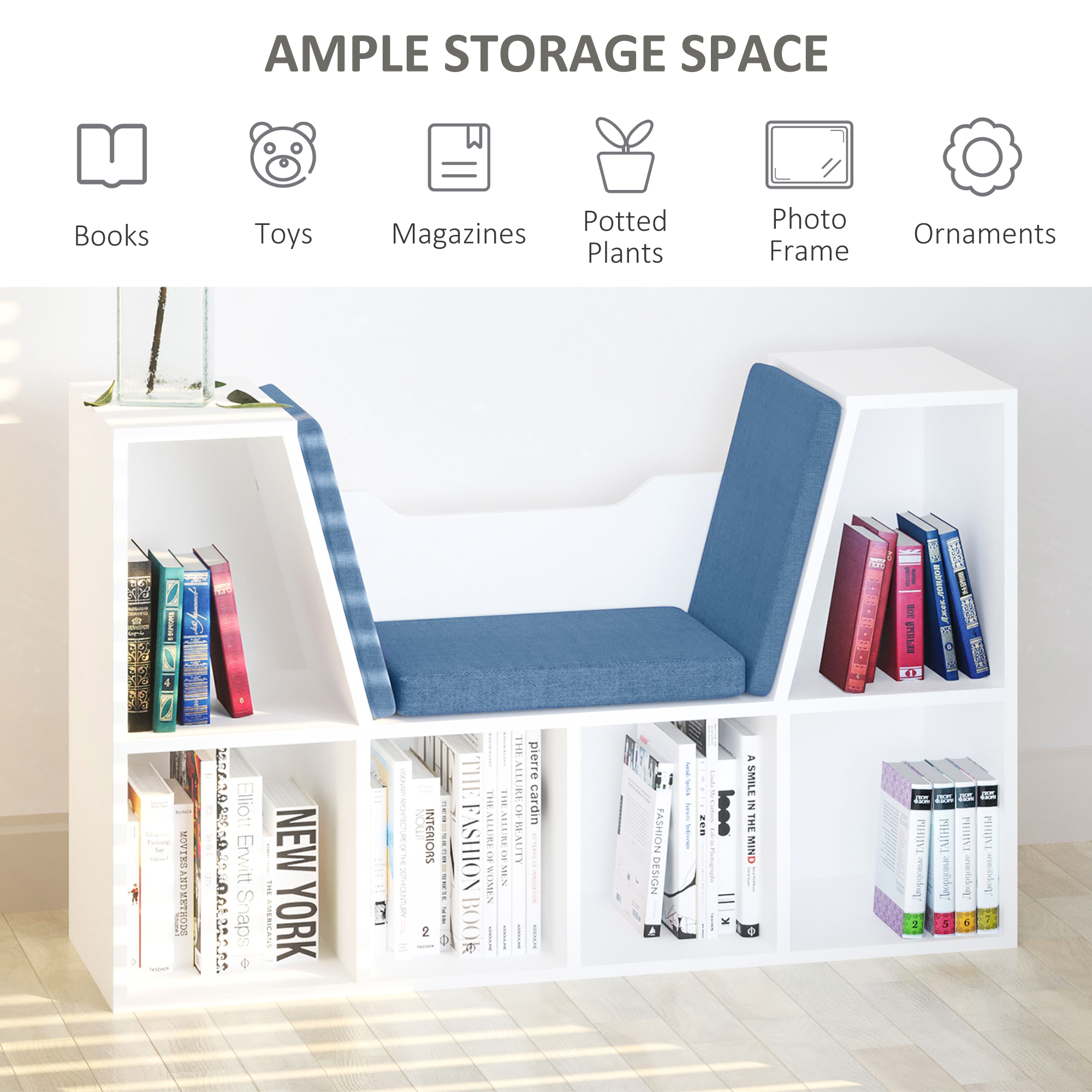 6-Cubby Bookcase with Seat Cushion, Cube Storage Shelf with Reading Nook for Home Office, Study, Blue - Image 3