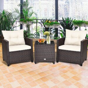 3 Pieces Patio Rattan Furniture Set Cushioned Conversation Set Coffee Table-White