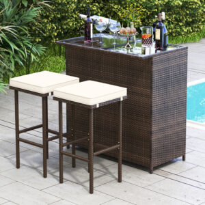 3 Pieces Patio Rattan Wicker Bar Table Stools Dining Set
