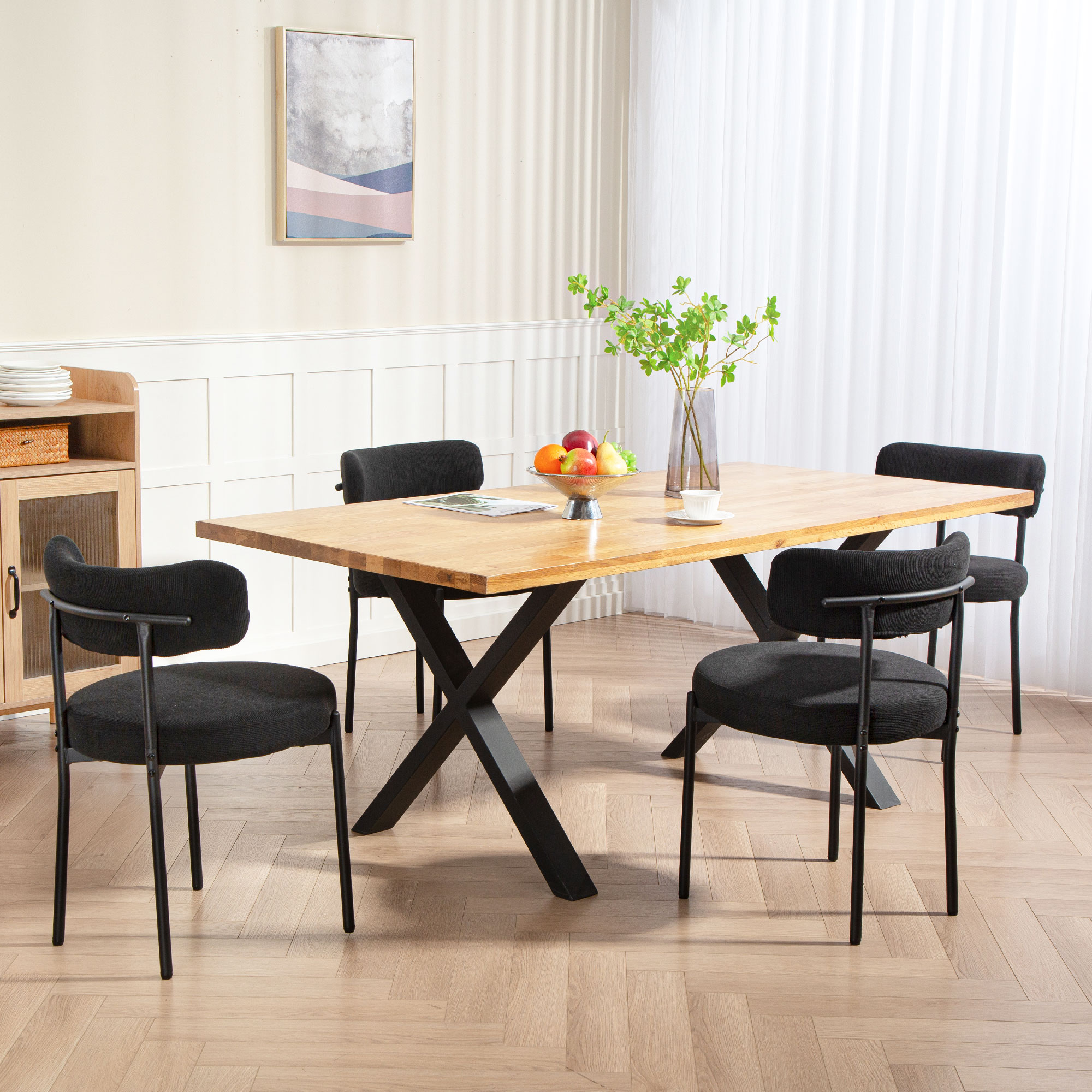 4 Pieces Kitchen Chairs, Modern Dining Chairs w/ Corduroy Upholstery and Steel Legs for Living Room, Black - Image 6