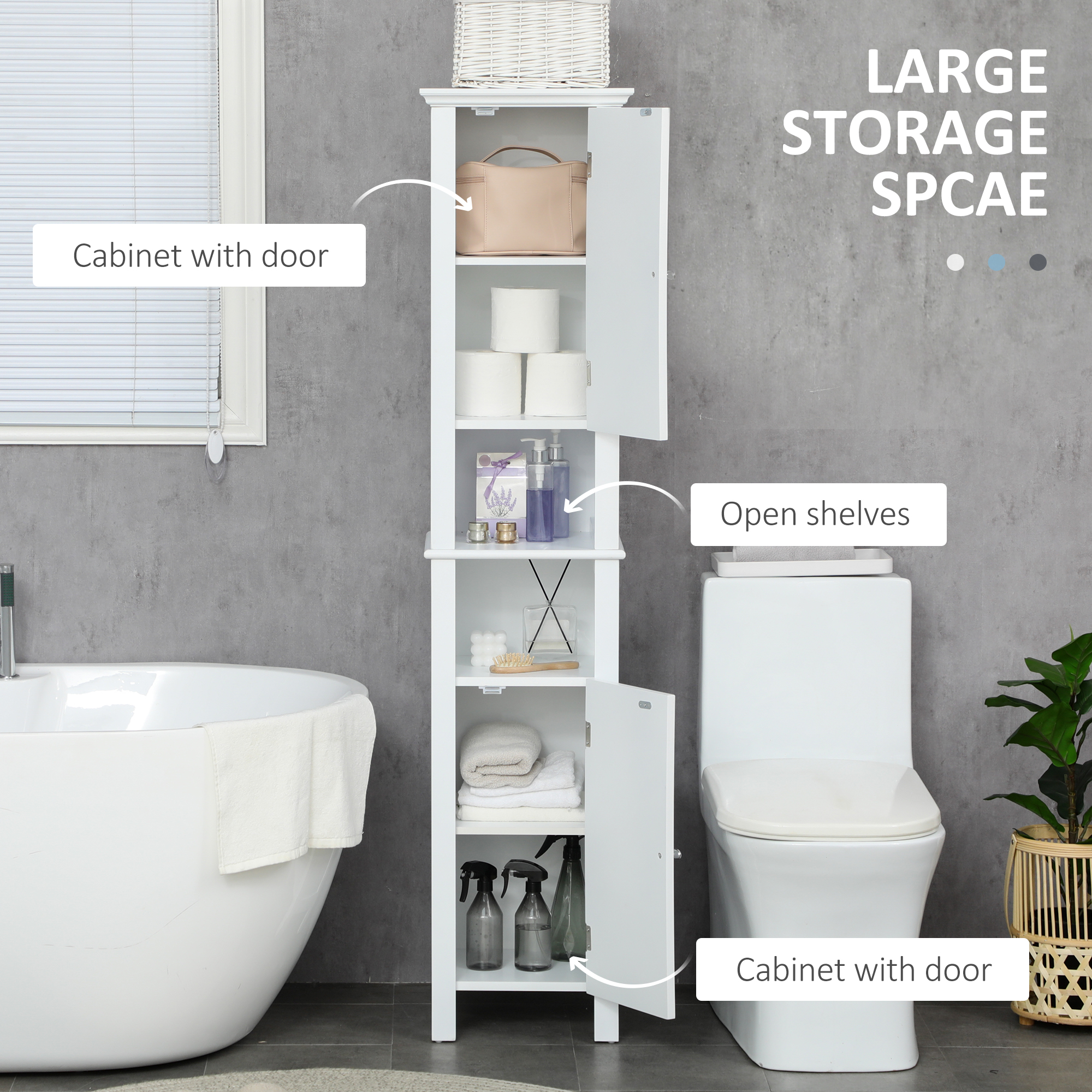 Bathroom Cabinet, Freestanding Linen Cabinet with Open Shelves, 13.8" x 11.8" x 62.4", White - Image 2