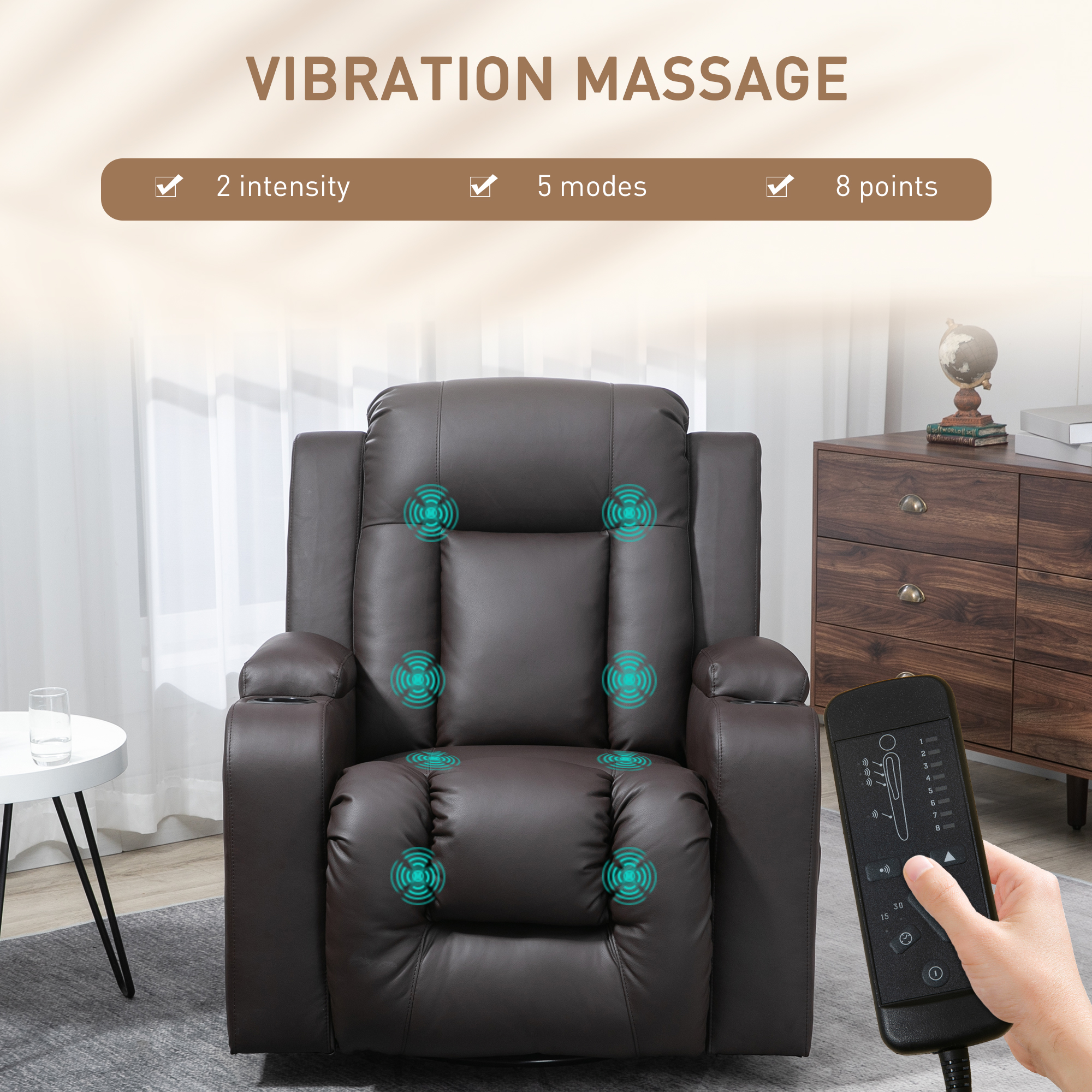 Swivel Massage Recliner Chair Rocker, Overstuffed Manual Reclining Sofa, PU Leather Rocking Chair with Side Pockets, Cup Holders, for Living Room, Nursery, Brown - Image 2