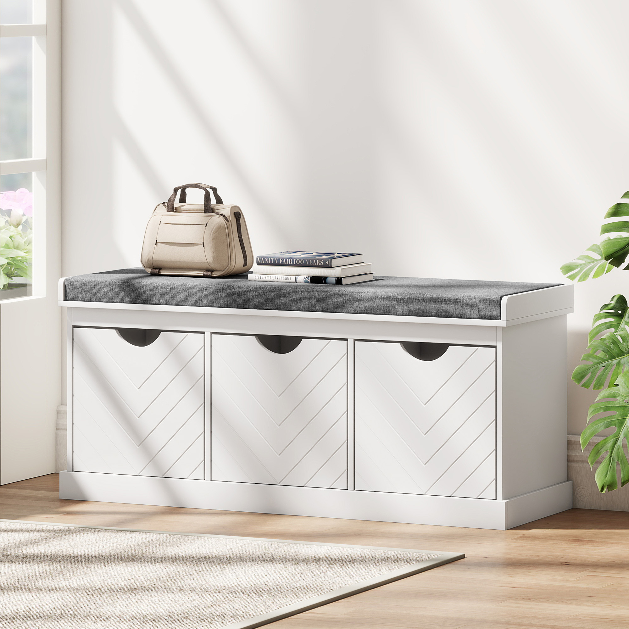 Shoe Storage Bench, Linen-Look Entryway Bench with 3 Removable Drawers and Padded Seat Cushion for Hallway, White - Image 6