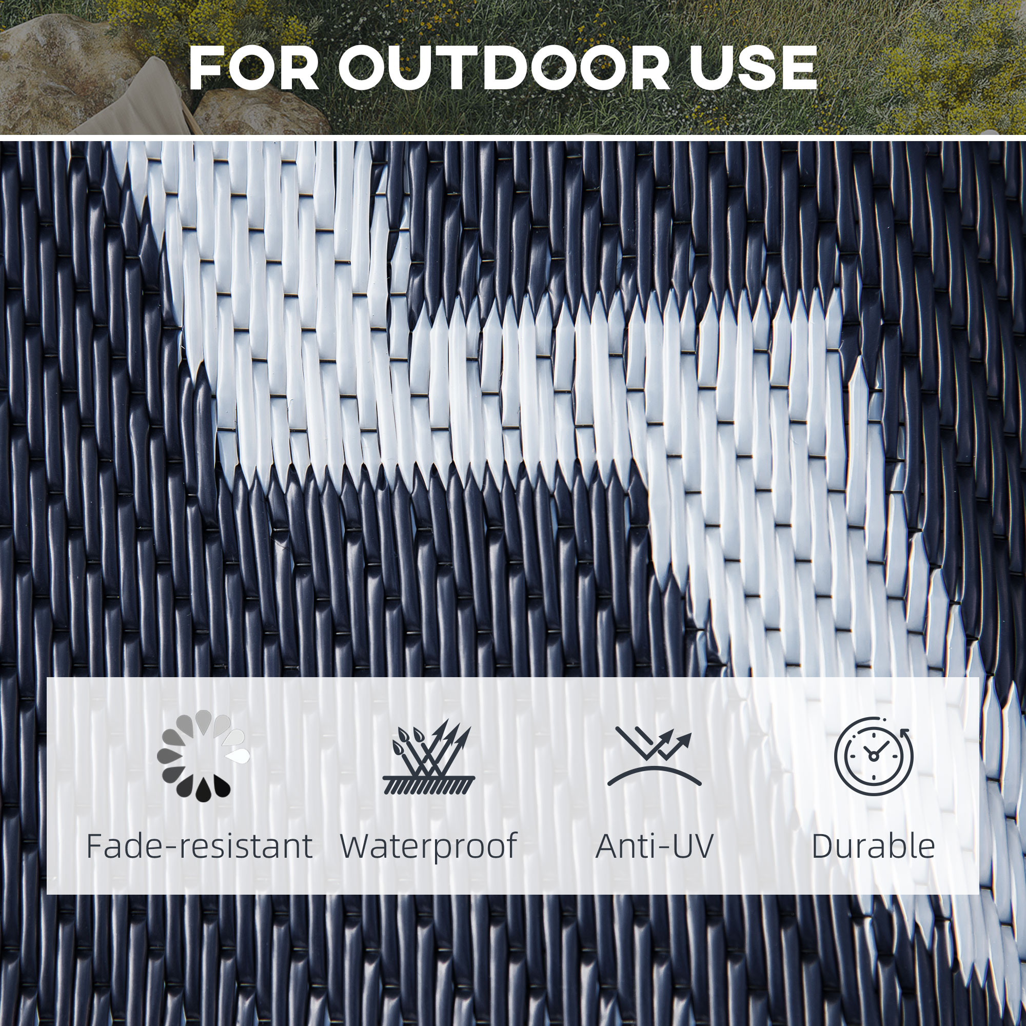 Reversible Outdoor RV Rug, 9' x 18' Patio Floor Mat, Plastic Straw Rug, Dark Blue and White - Image 3
