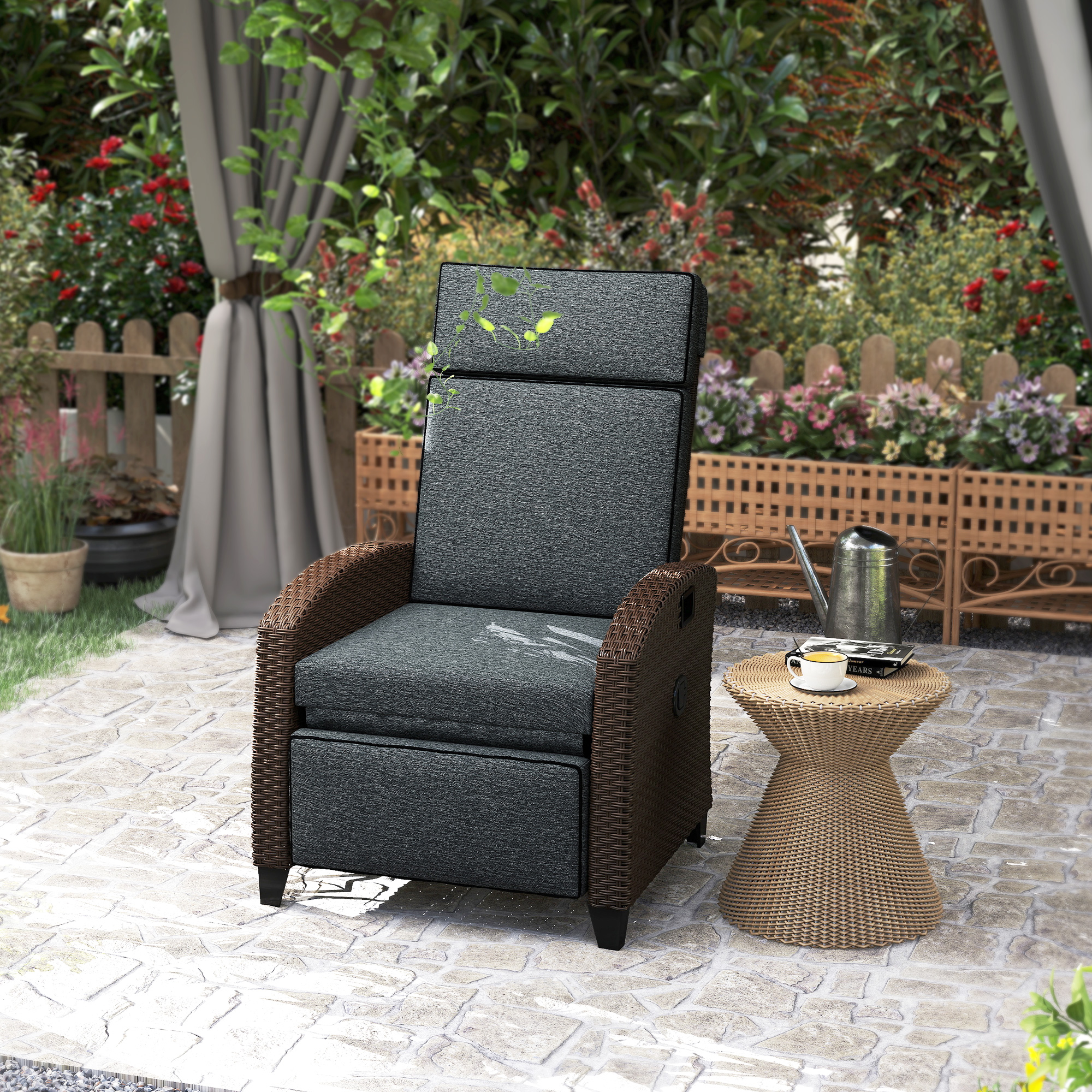 Outdoor Recliner Chair with Adjustable Backrest, Cushion, Side Tray, Dark Grey - Image 6