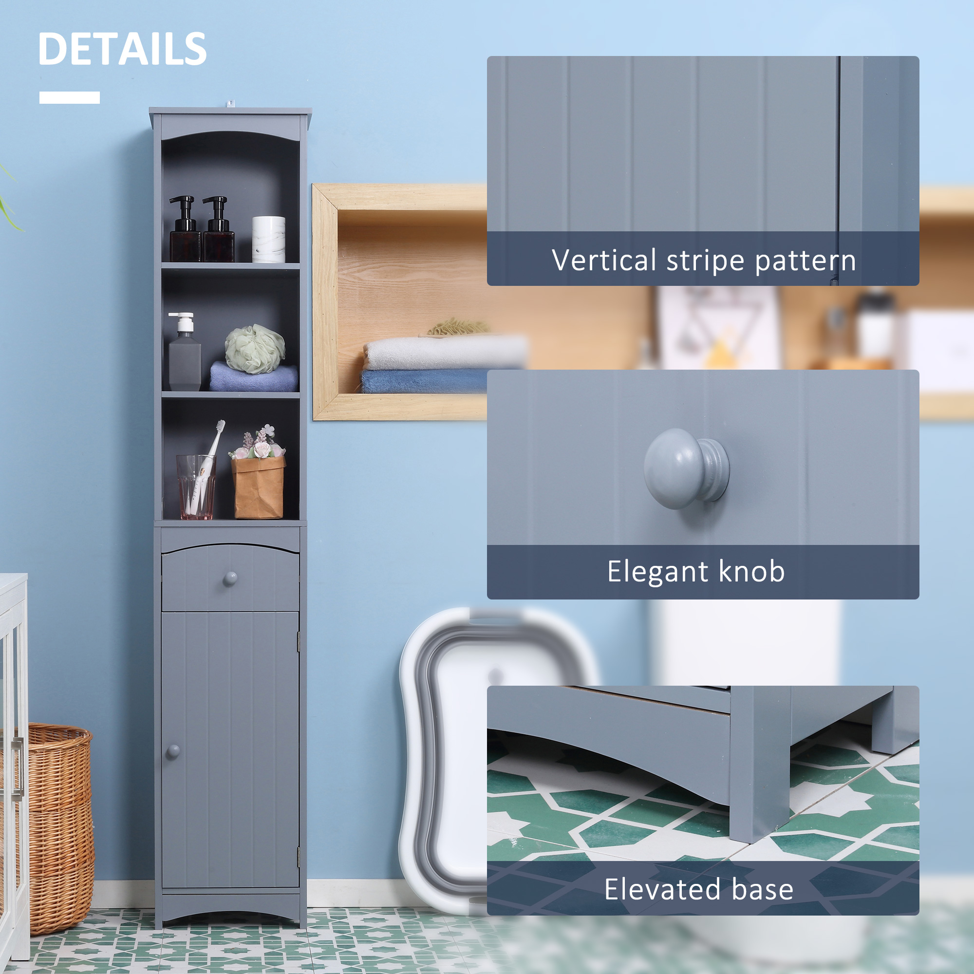 Bathroom Storage Cabinet, Tall Linen Tower with 3-Tier Shelves and Drawer and Door, Grey - Image 3