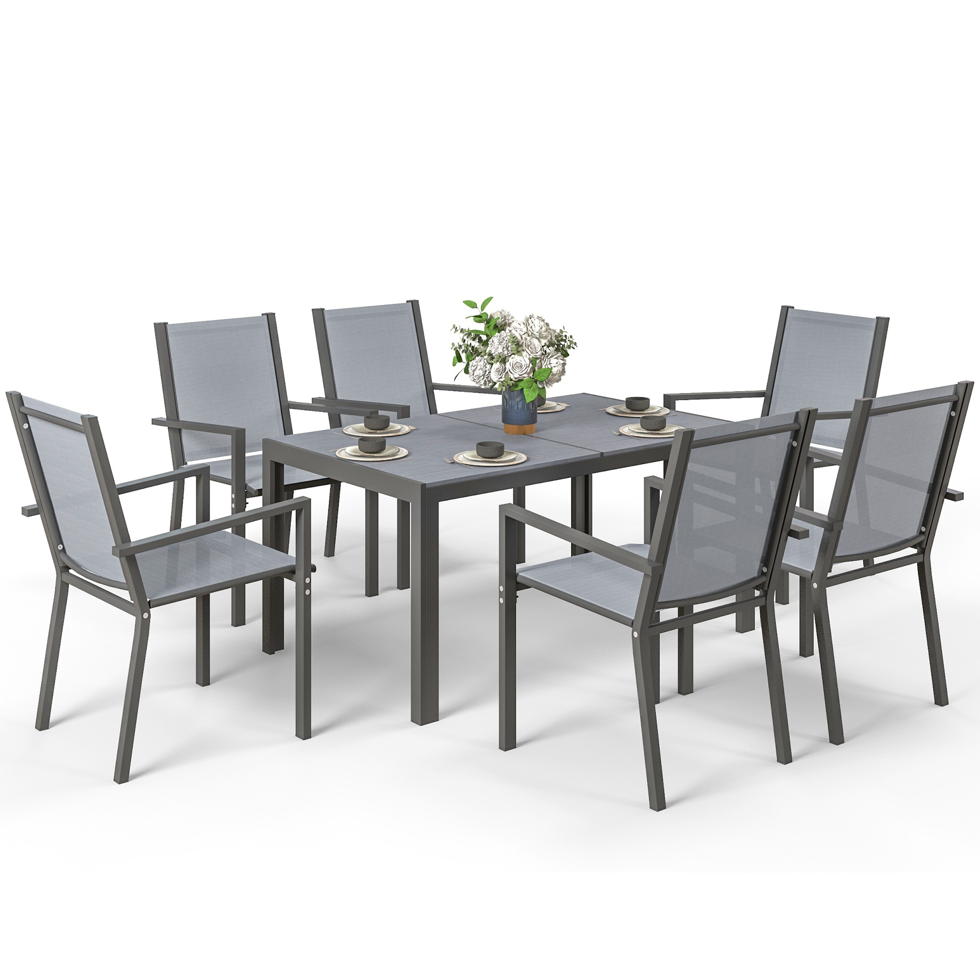 7 Piece Outdoor Dining Set with Rectangular Table and 6 Stackable Chairs, for Backyard, Lawn, Deck, Balcony, Pool Side