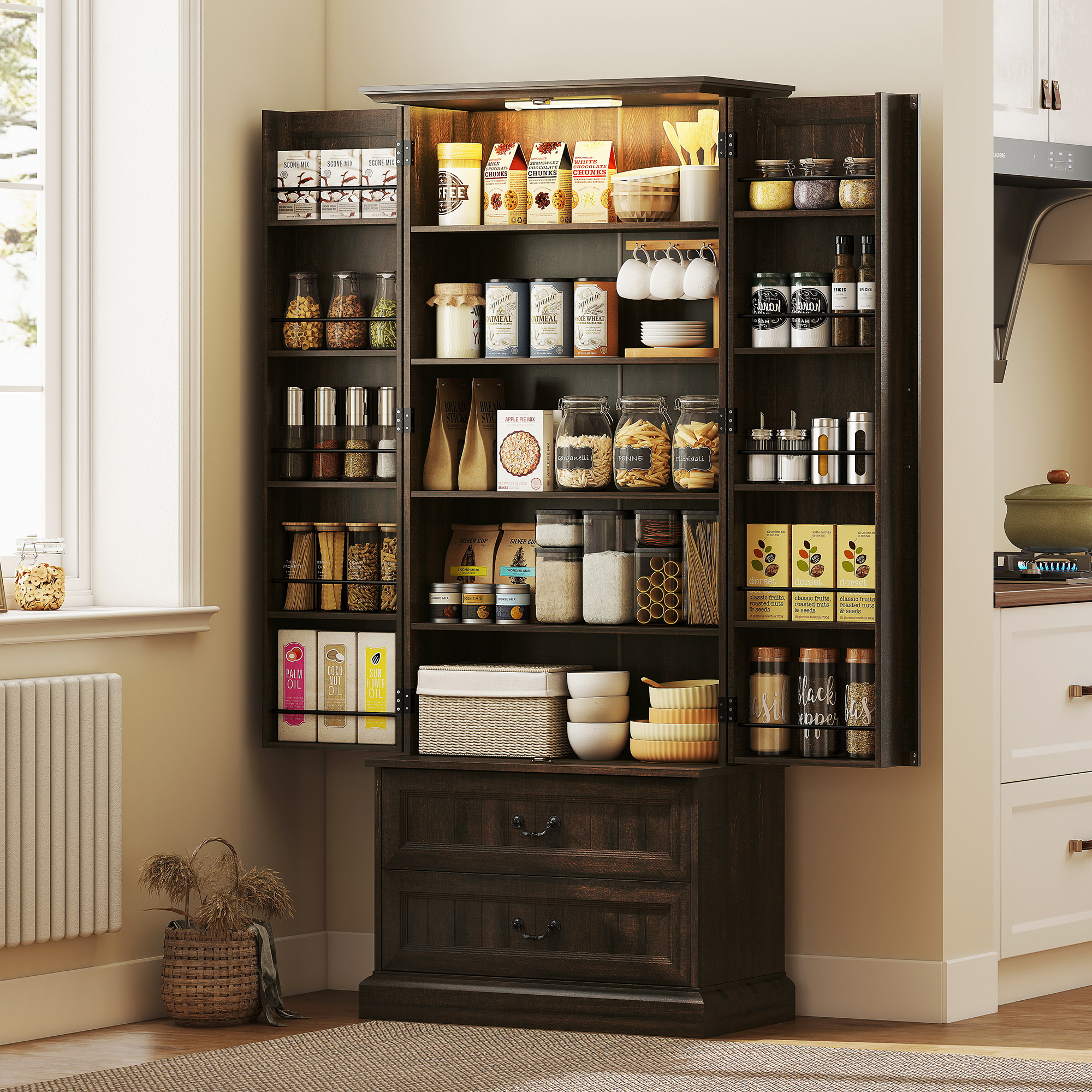 72" LED Kitchen Pantry Cabinet, Buffet Storage Cabinet with 10 Door Shelves, 2 Drawers and Adjustable Shelves, Brown - Image 6