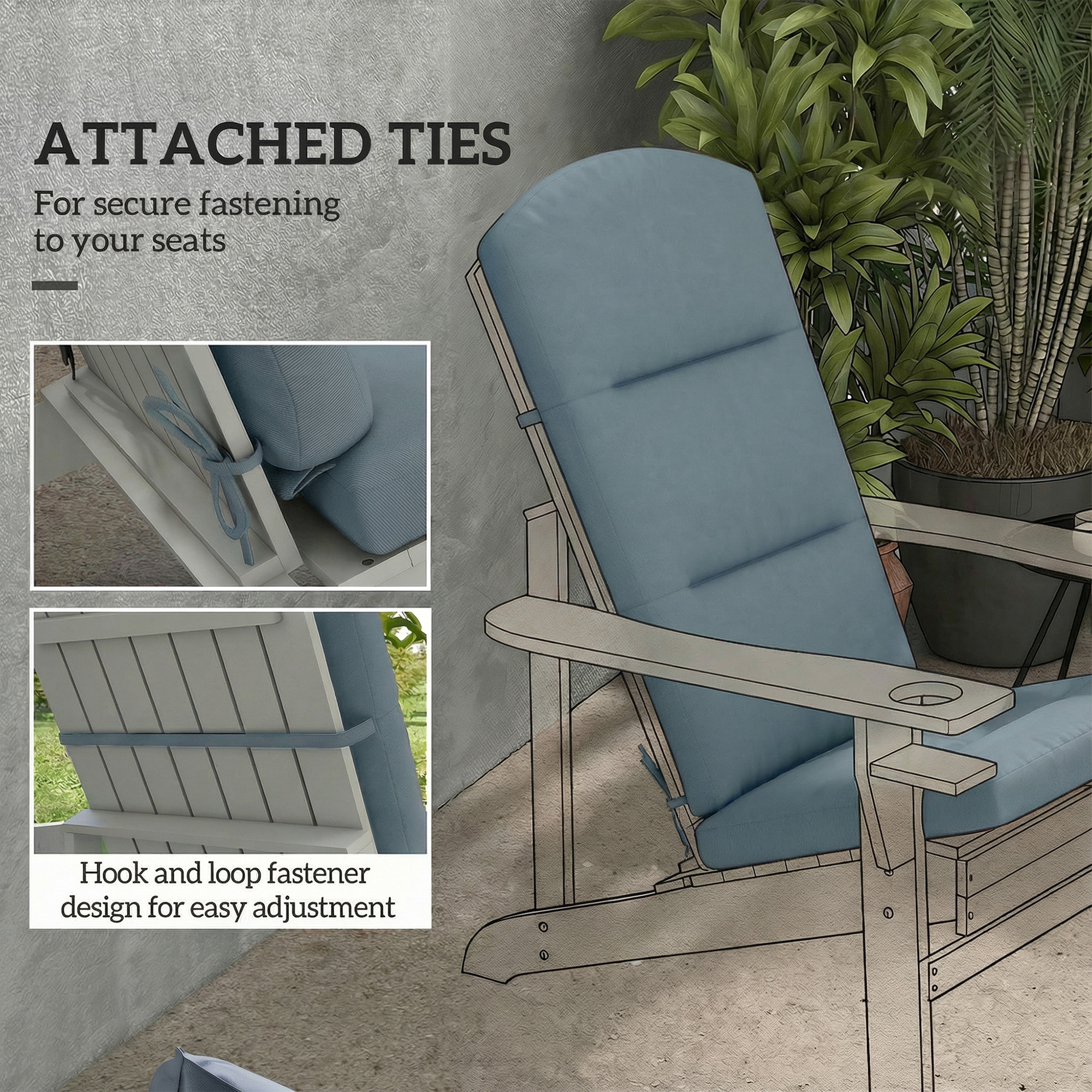 Patio Chair Cushion for Adirondack Chairs Replacement Cushion with Back and Ties, Dark Grey - Image 4