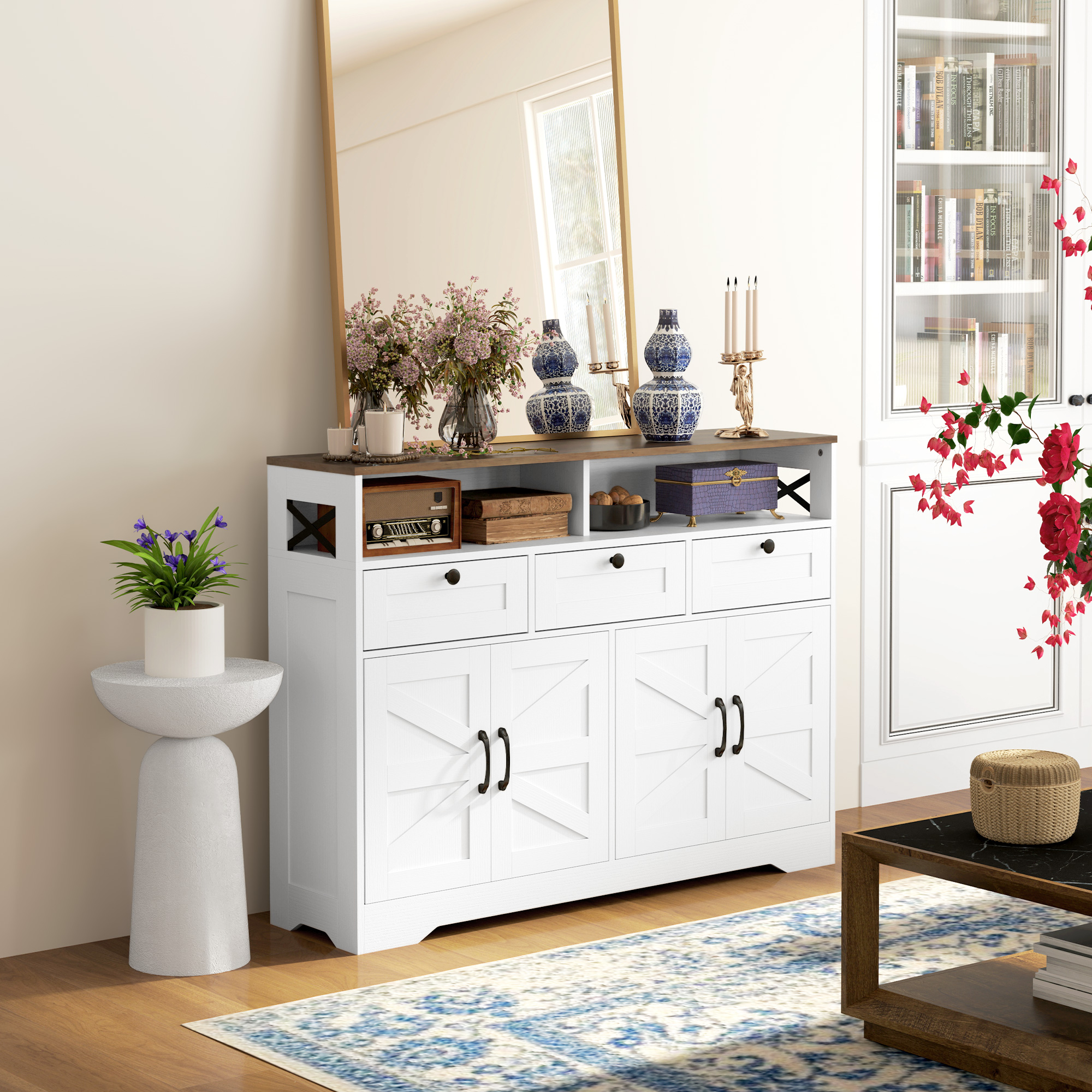 Sideboard, Buffet Cabinet with 4 Barn Doors and 3 Drawers, Coffee Bar Cabinet with Adjustable Shelves, White - Image 6