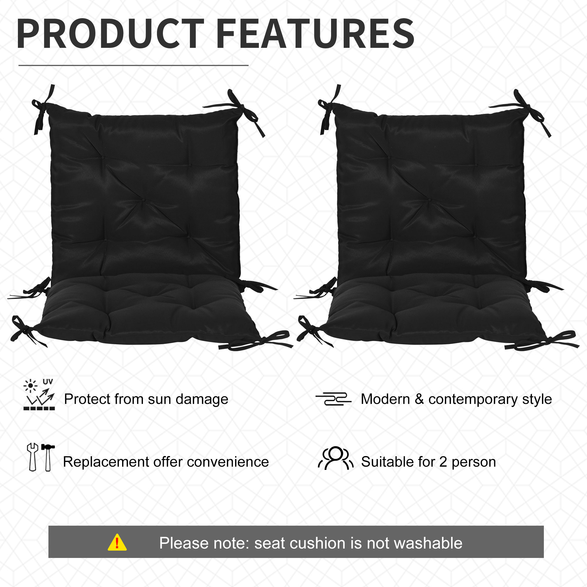 Patio Chair Cushions Set of 2, 39" x 20" x 3" Outdoor Tufted Cushion Set with Ties for Indoor Outdoor Garden Furniture, Black - Image 3