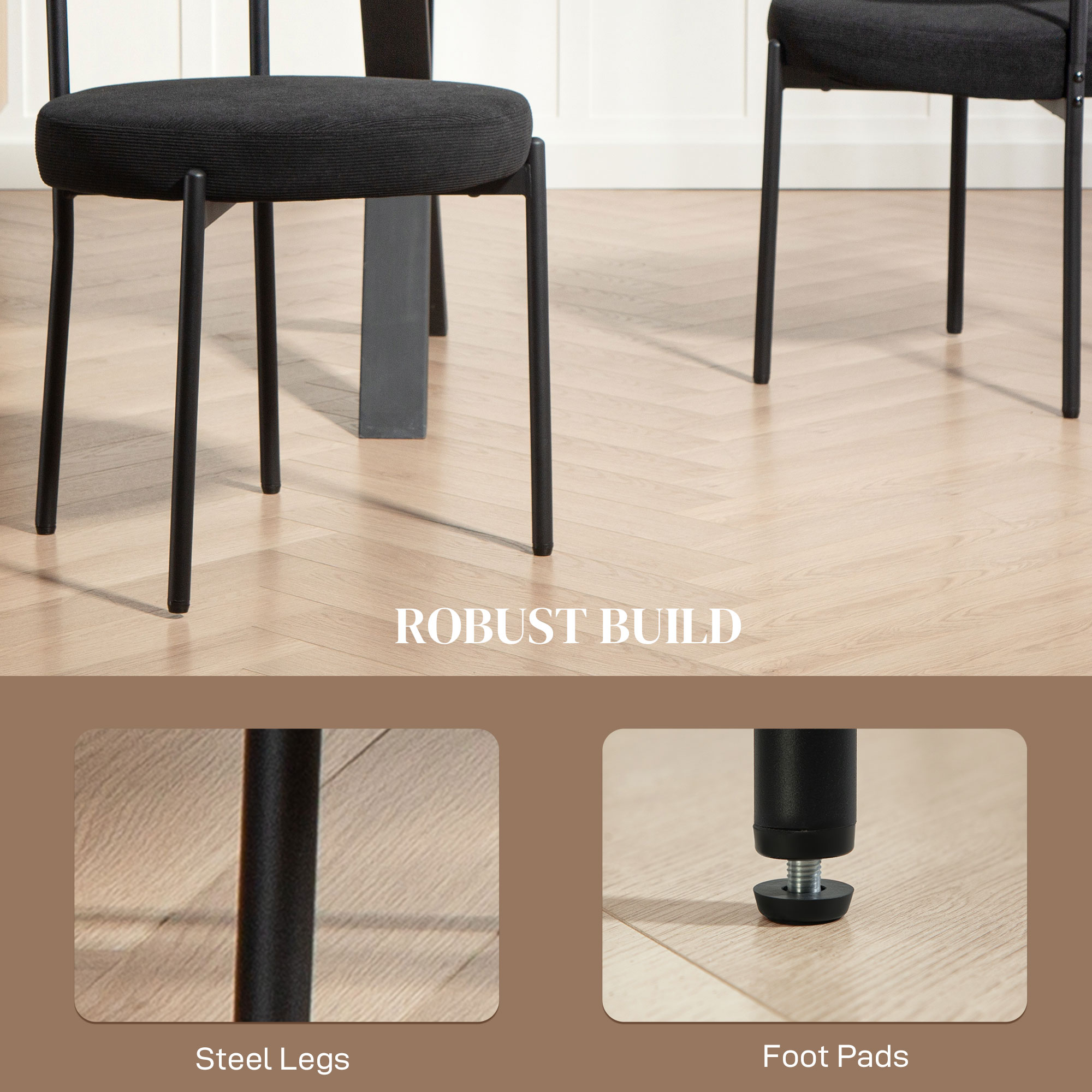 4 Pieces Kitchen Chairs, Modern Dining Chairs w/ Corduroy Upholstery and Steel Legs for Living Room, Black - Image 4