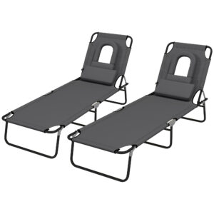 Folding Lounge Chair Set of 2, Reclining Beach Tanning Chair with Face Hole, Pillow, 4-Position Adjustable Flat Sun Lounger, Steel Frame for Outdoor Patio Pool, Grey