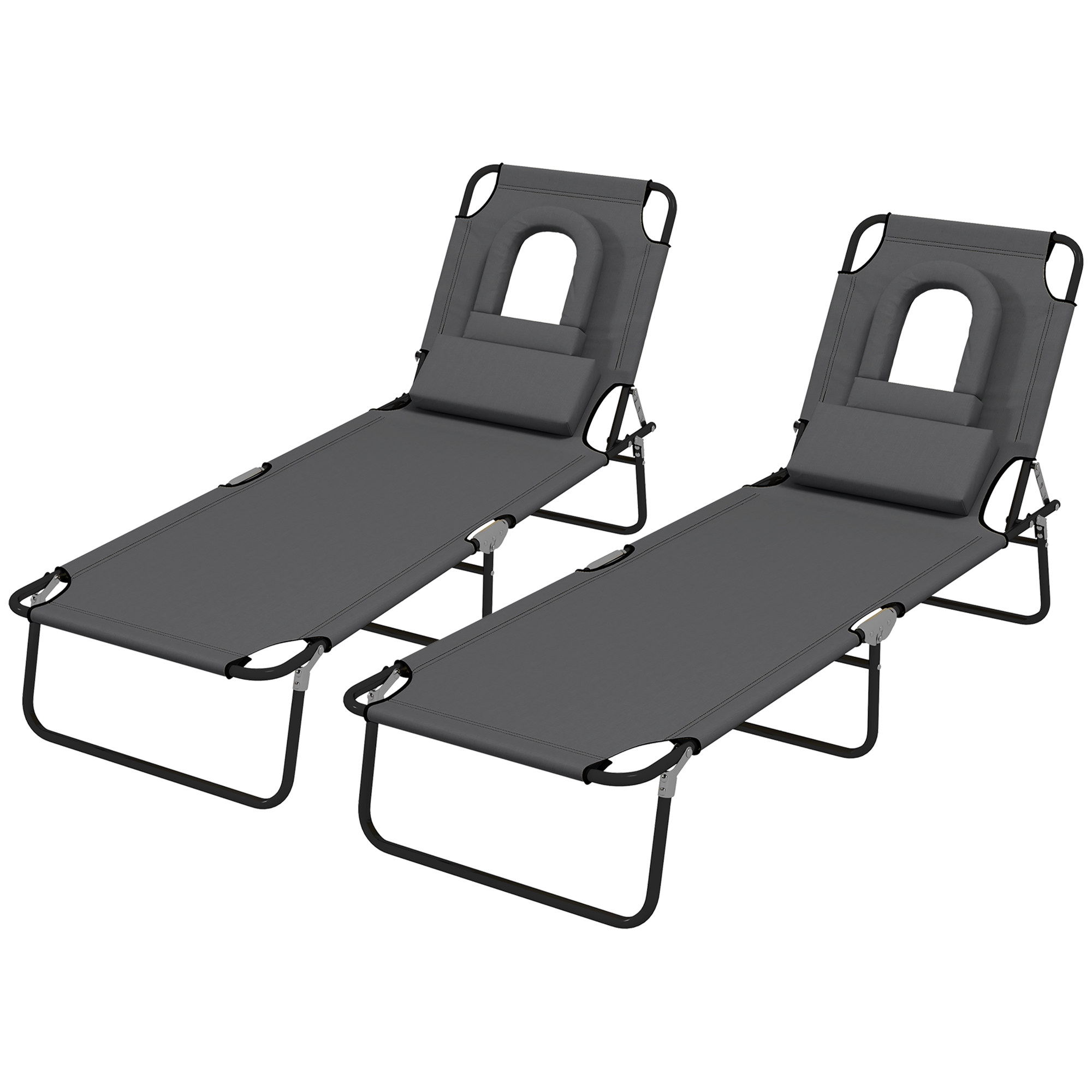 Folding Lounge Chair Set of 2, Reclining Beach Tanning Chair with Face Hole, Pillow, 4-Position Adjustable Flat Sun Lounger, Steel Frame for Outdoor Patio Pool, Grey