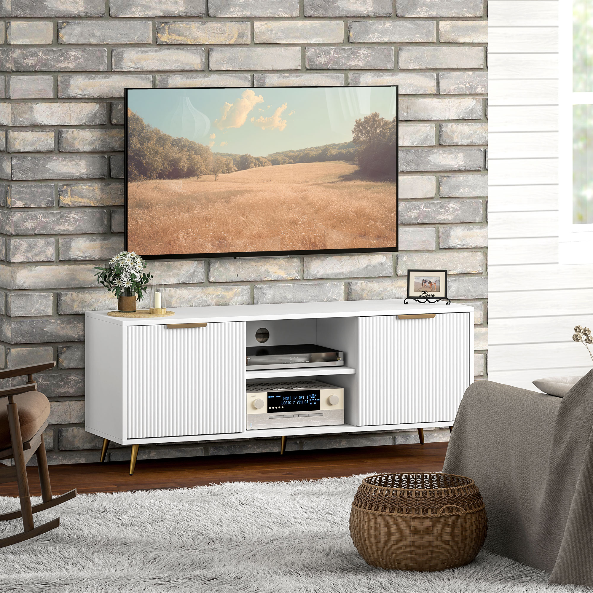 TV Stand with Storage for 55 Inch TV, Modern TV Cabinet with 2 Open Shelves and 2 Cabinets for Living Room, White - Image 5