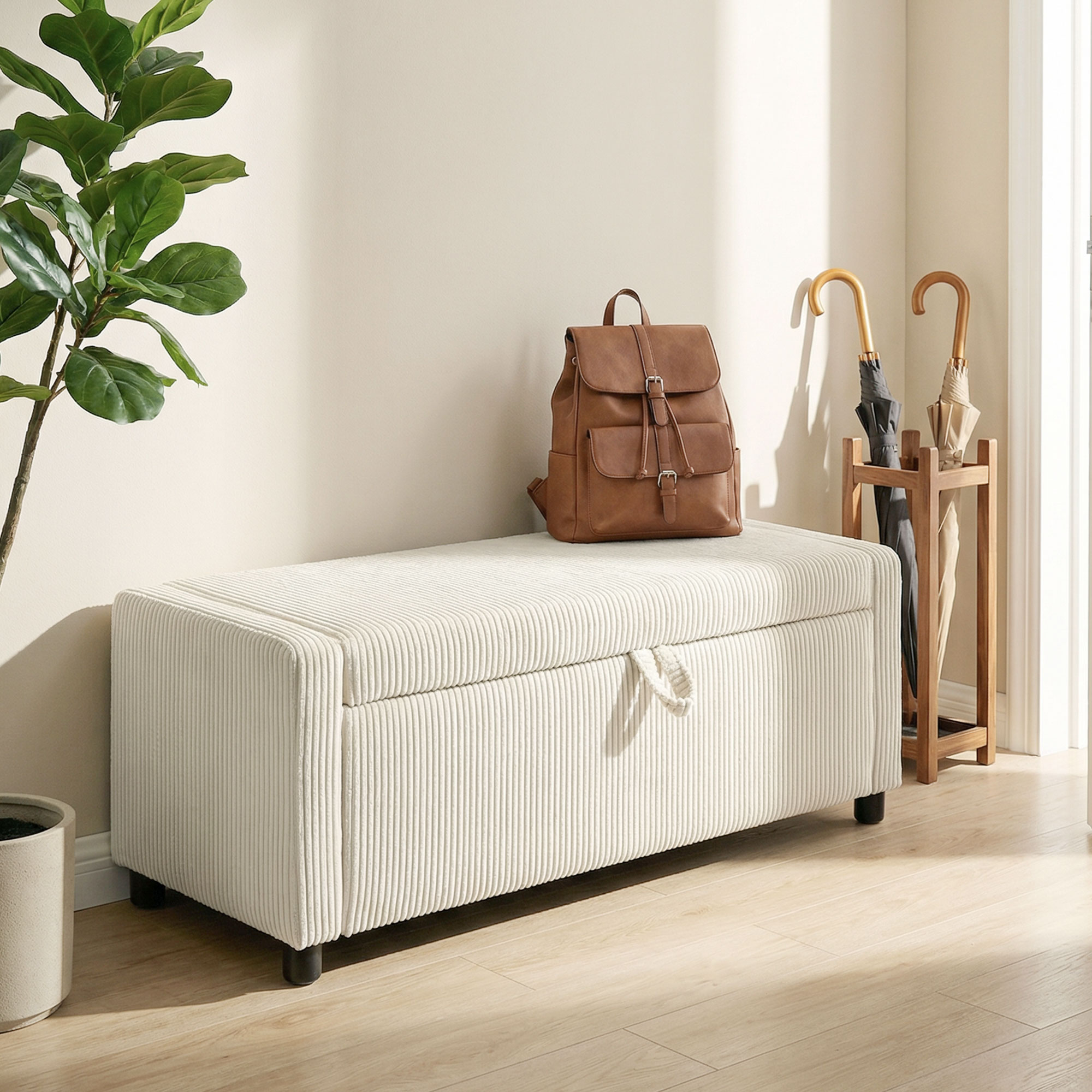 Storage Ottoman, Upholstered Corduroy End of Bed Bench with Thick Padding, Storage Bench for Bedroom, Beige - Image 6