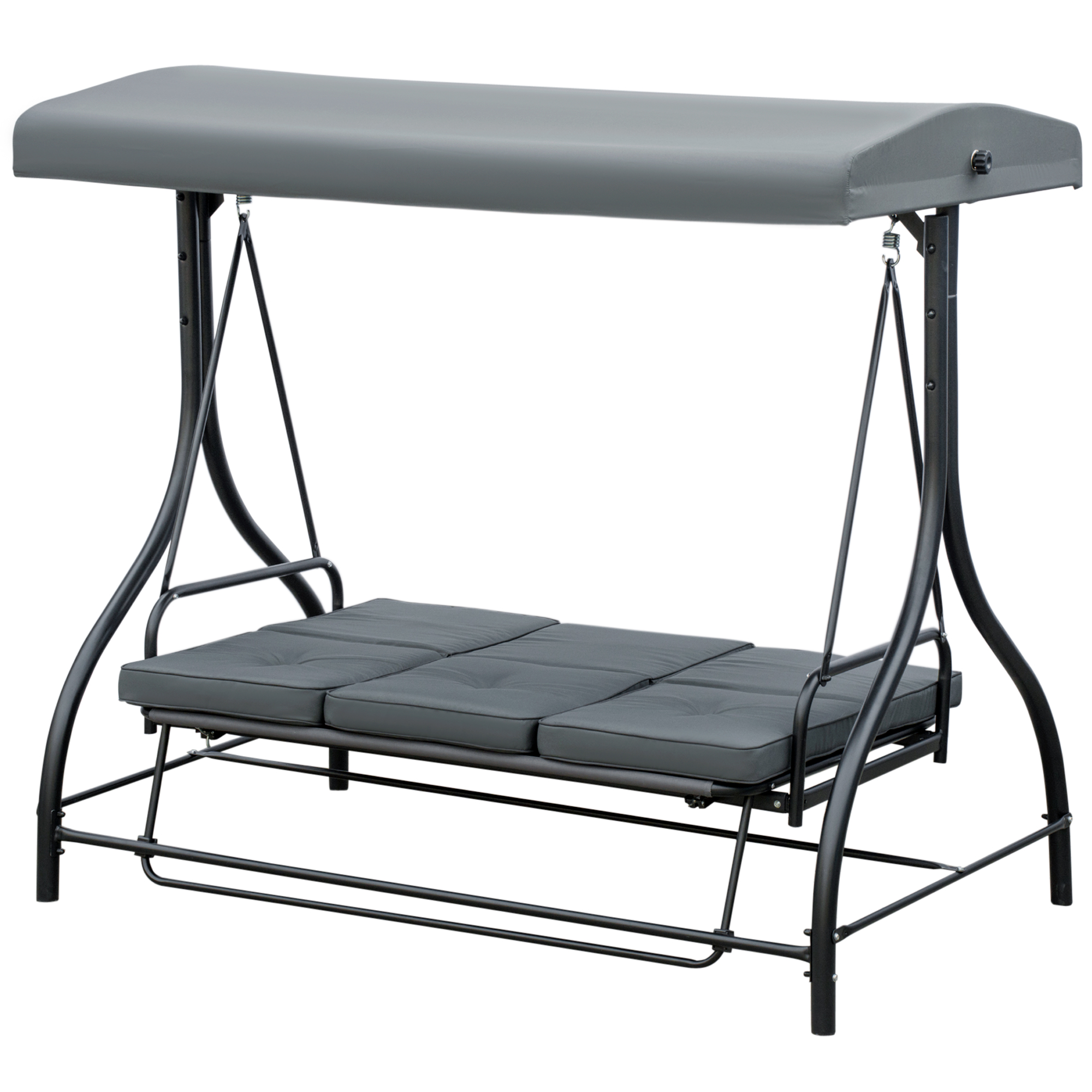 Convertible Patio Swing Bed with Canopy and Cushions, 3 Seater Porch Swing for Outdoor, Backyard, Garden, Dark Grey
