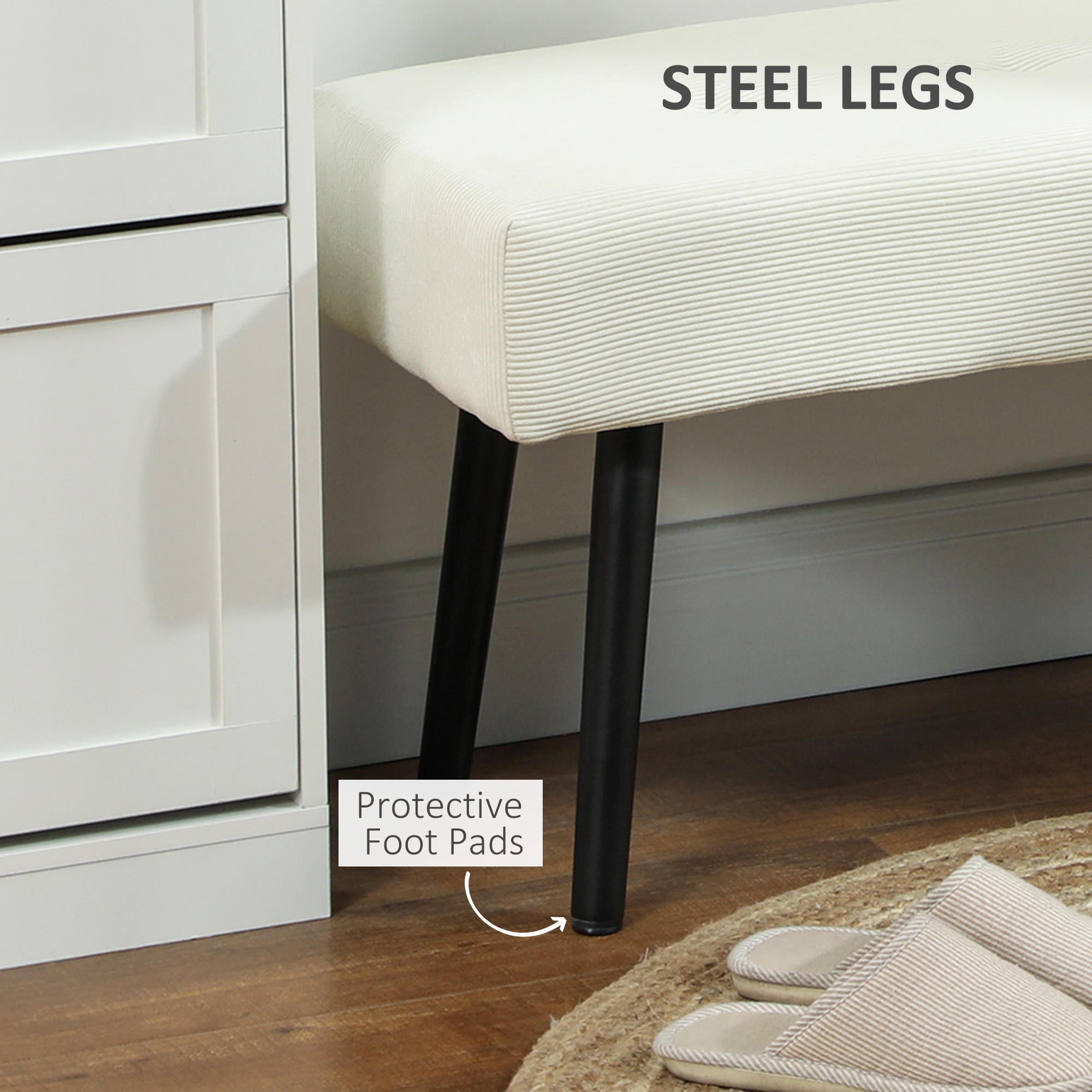 39" Upholstered Ottoman Bench, Corduroy Entryway Bedroom Bench with Padded Seat and Steel Legs for Bedroom, Cream White - Image 3