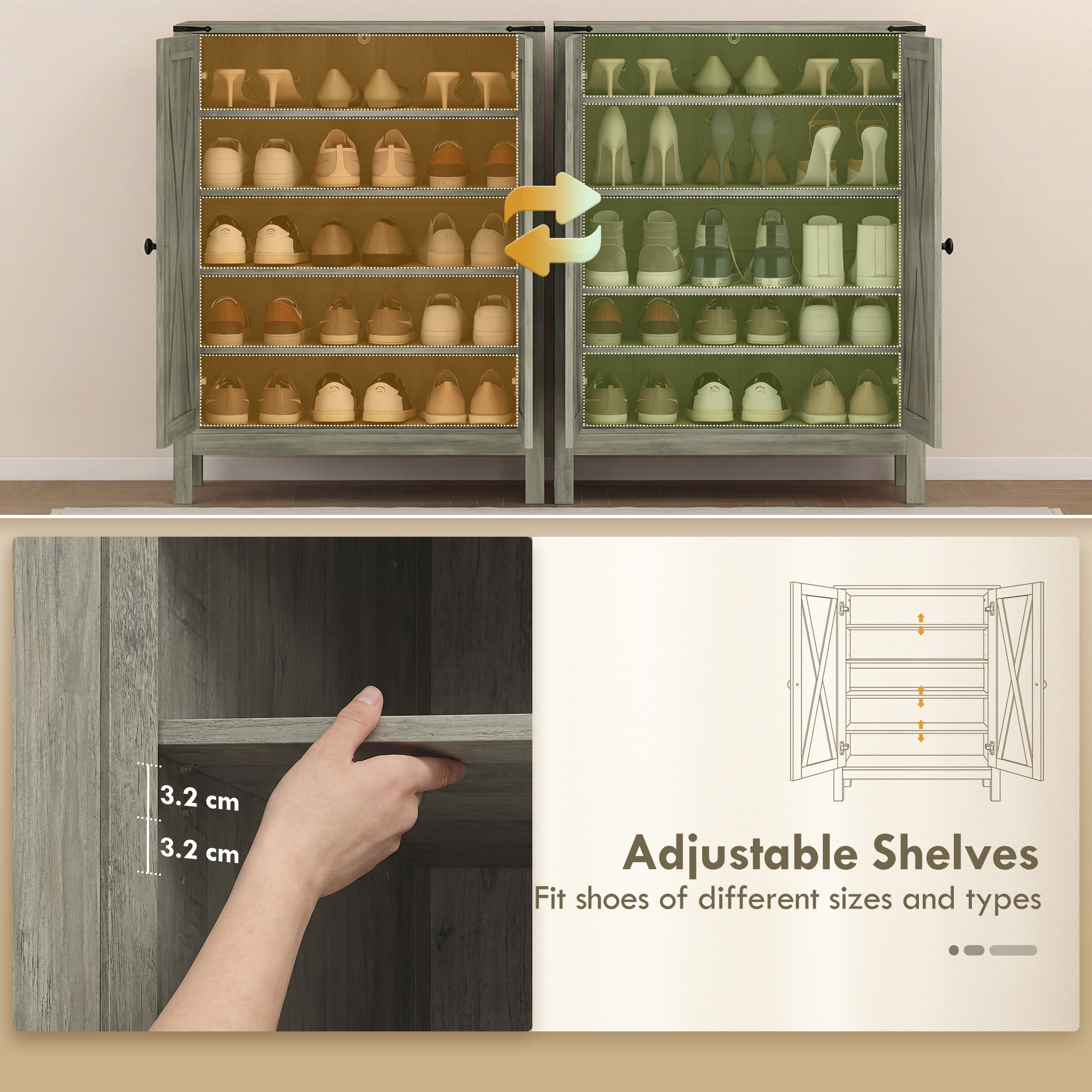 Shoe Cabinet with Barn Doors, Farmhouse Shoe Storage Cabinet with Adjustable Shelves, Holds up to 15 Pairs, Grey - Image 4