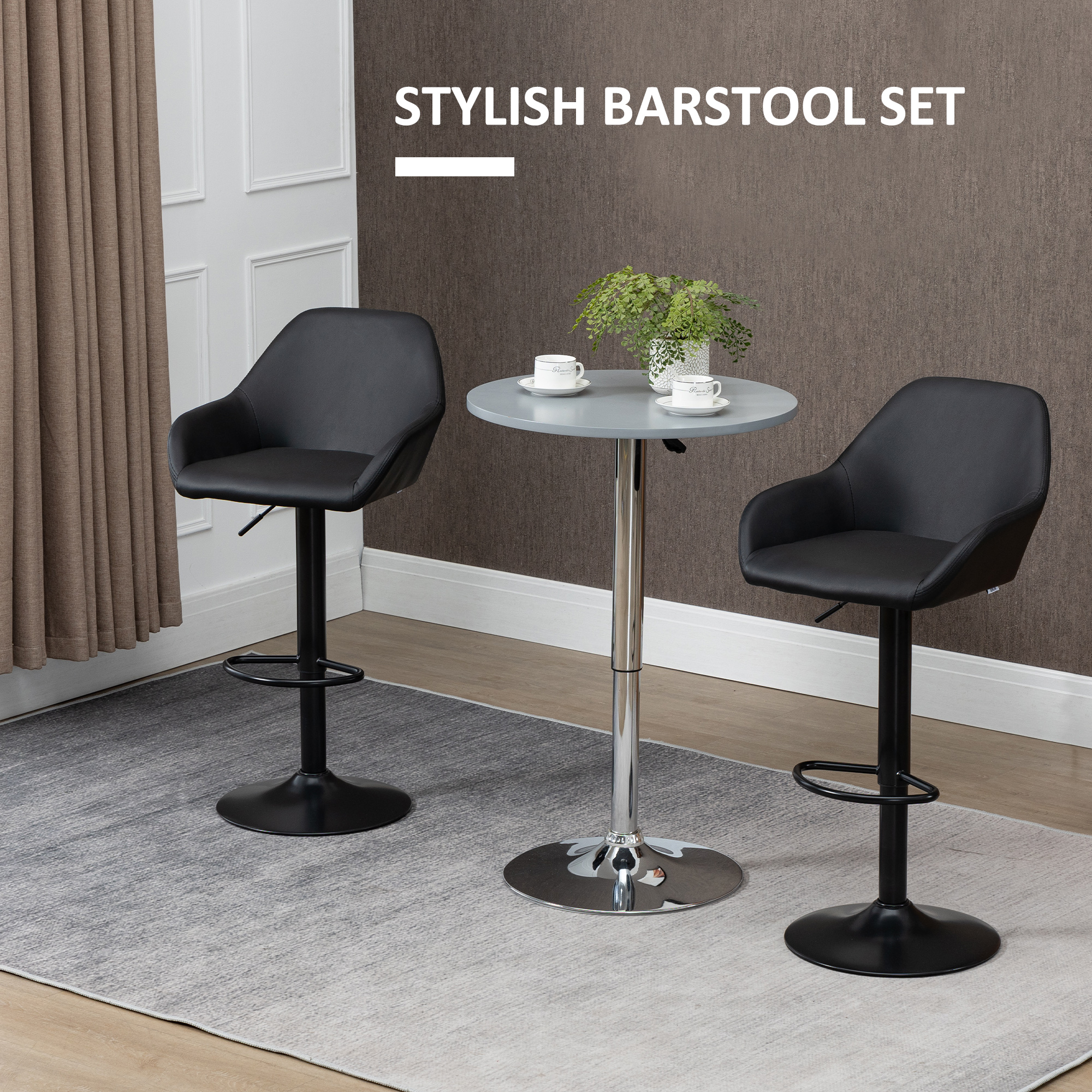 Adjustable Bar Stools Set of 2, Swivel Barstools with Footrest and Back, PU Leather and Steel Round Base, Black - Image 2