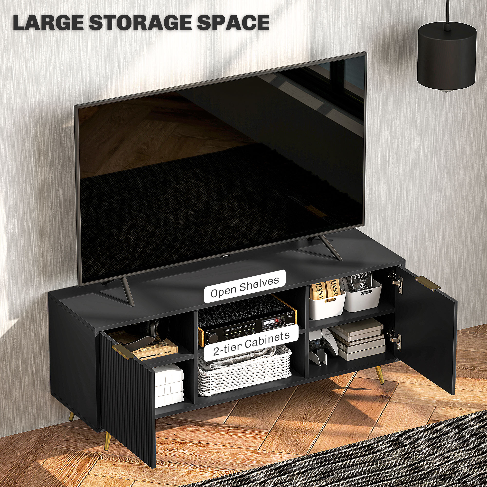 TV Stand with Storage for 55 Inch TV, Modern TV Cabinet with 2 Open Shelves and 2 Cabinets for Living Room, Black - Image 3