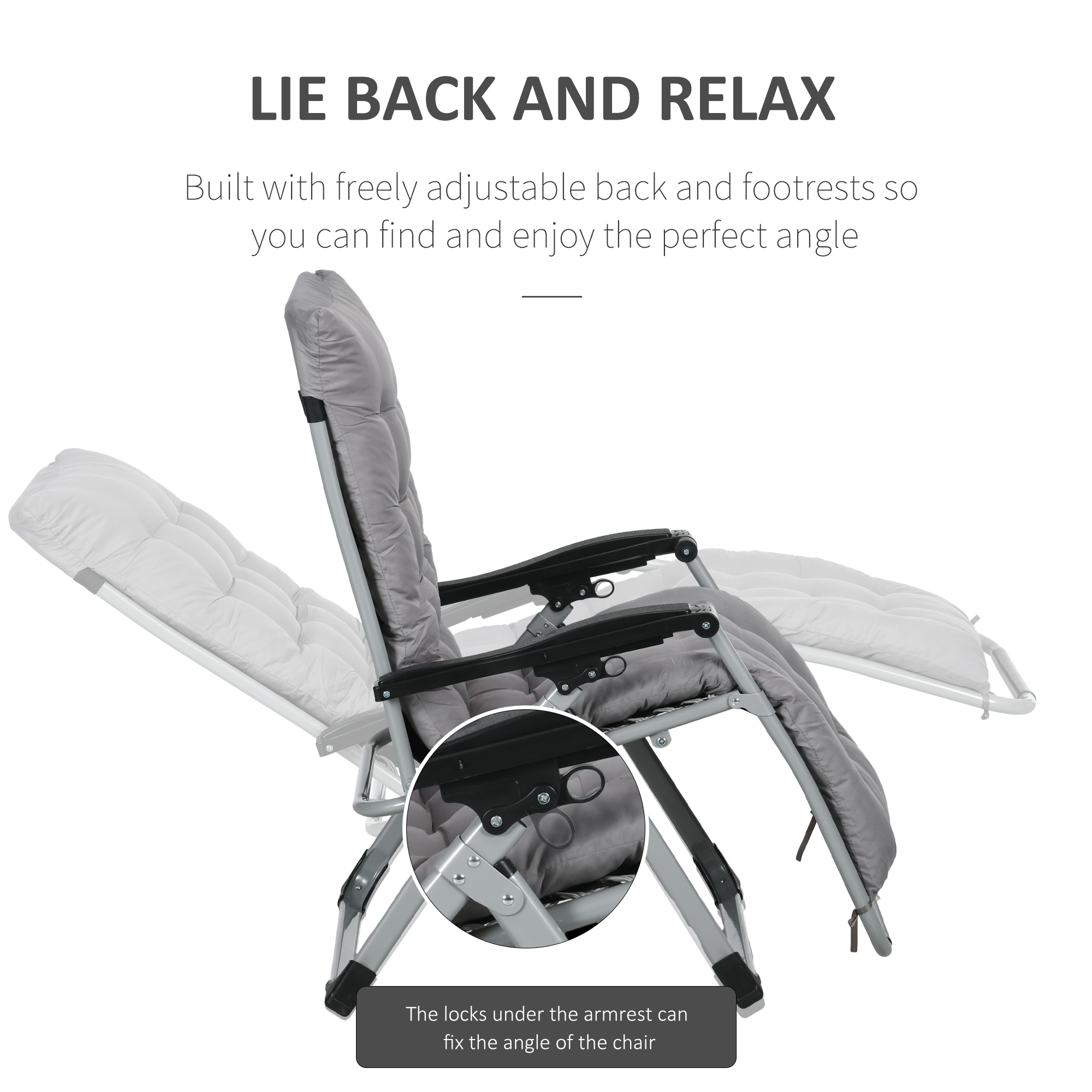 Folding Garden Chairs Set of 2, Reclining Zero Gravity Chair, Sun Lounger with Cushion and Headrest, Dark Grey - Image 2