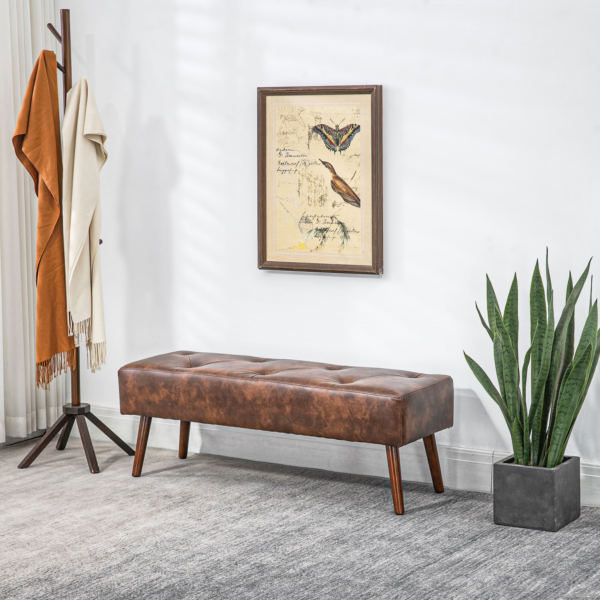 Bedroom Bench, End of Bed Bench with Button Tufted, PU Leather Upholstered Entryway Bench with Wood Legs, Brown - Image 6