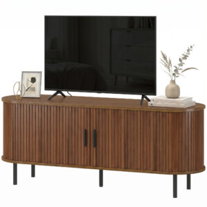 TV Stand for TVs up to 60", Modern Entertainment Center with Curved Sliding Doors, Walnut Brown