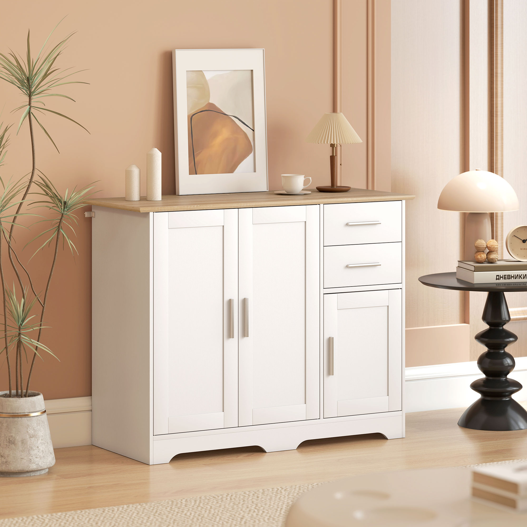 40" Sideboard Buffet Cabinet, Modern Kitchen Storage Cabinet with 2 Drawers, 3 Doors & Adjustable Shelf, White - Image 6