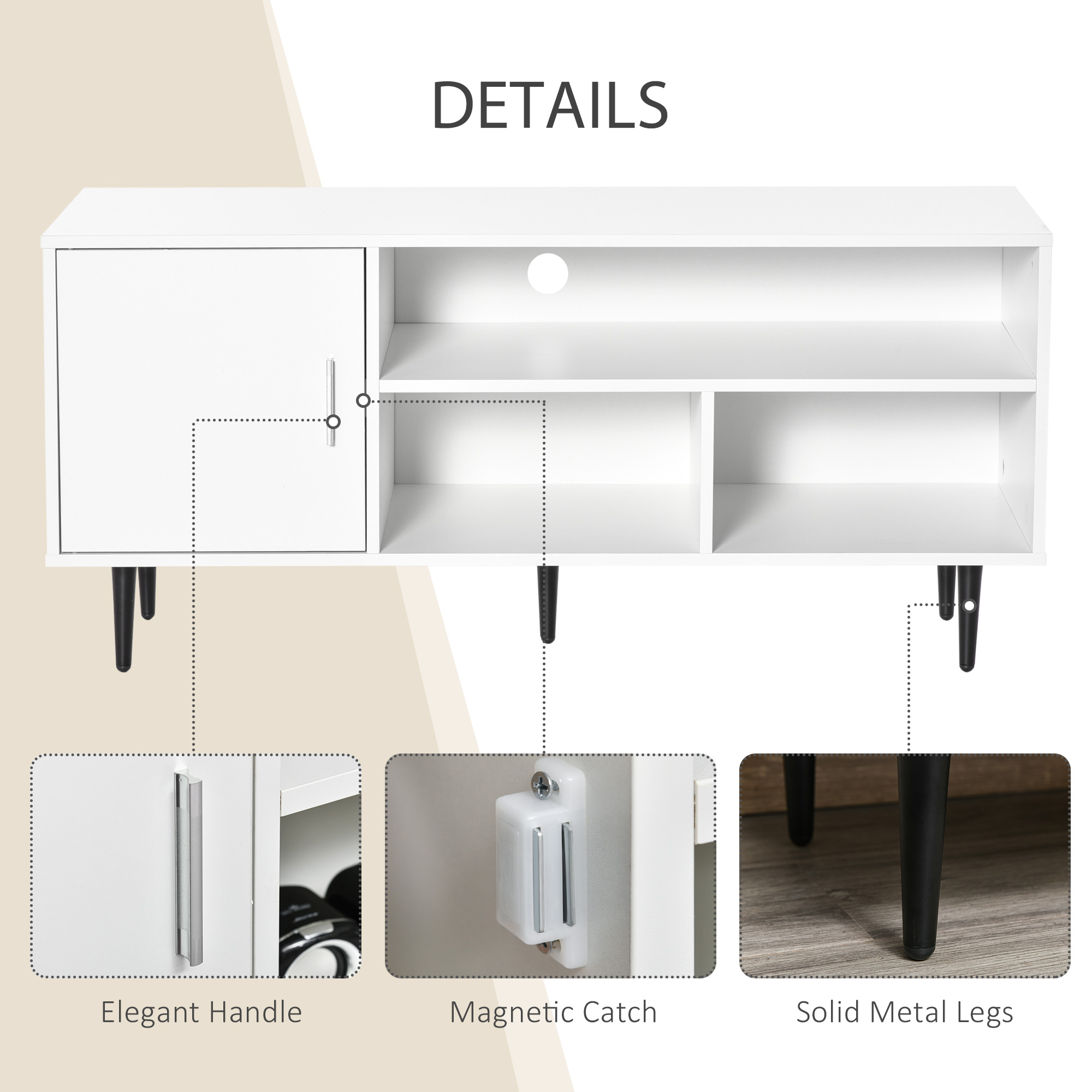 Modern TV Stand Cabinet for TVs up to 60 Inches with Storage Shelf, Cable Hole, Home Entertainment Unit Center, for Living Room Bedroom, White - Image 4