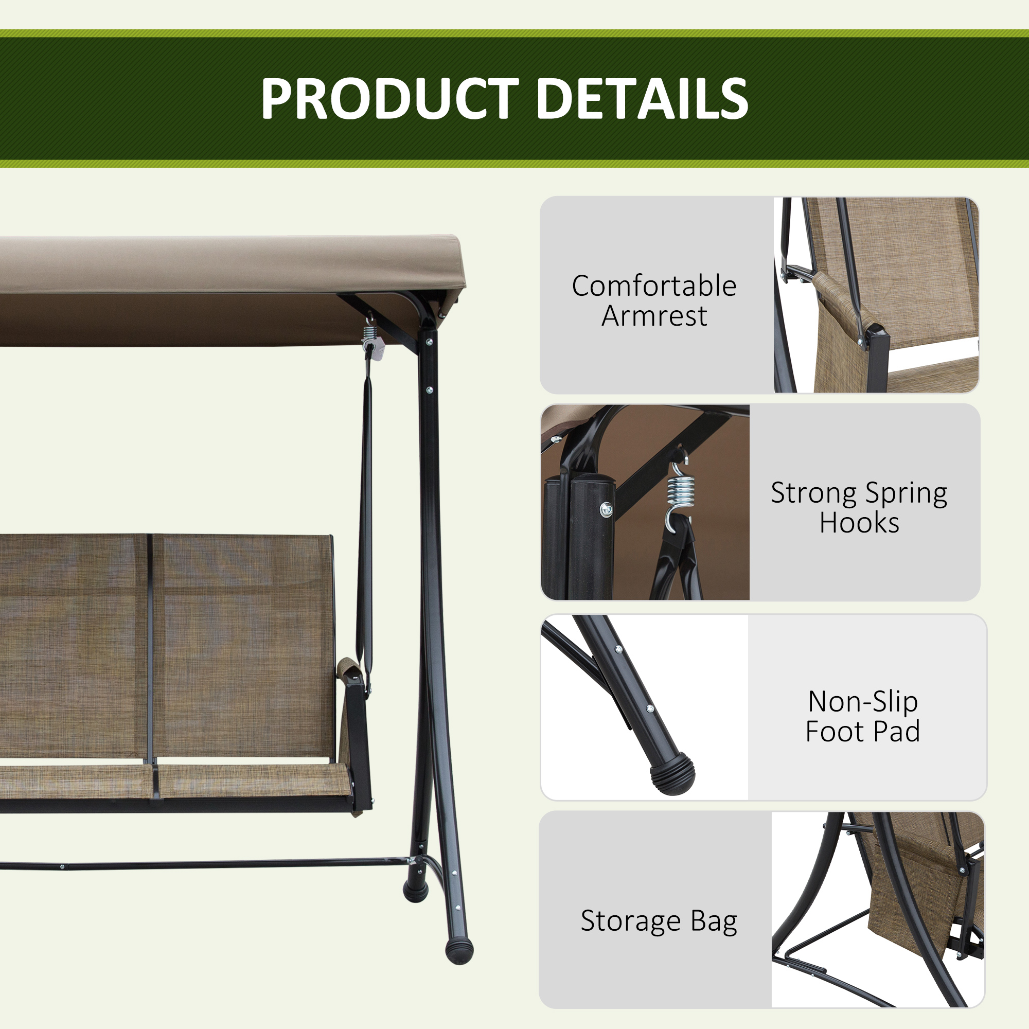 3 Person Porch Swing Outdoor Swing Chair with High Back Design, Side Pouches and Adjustable Canopy, Brown - Image 4