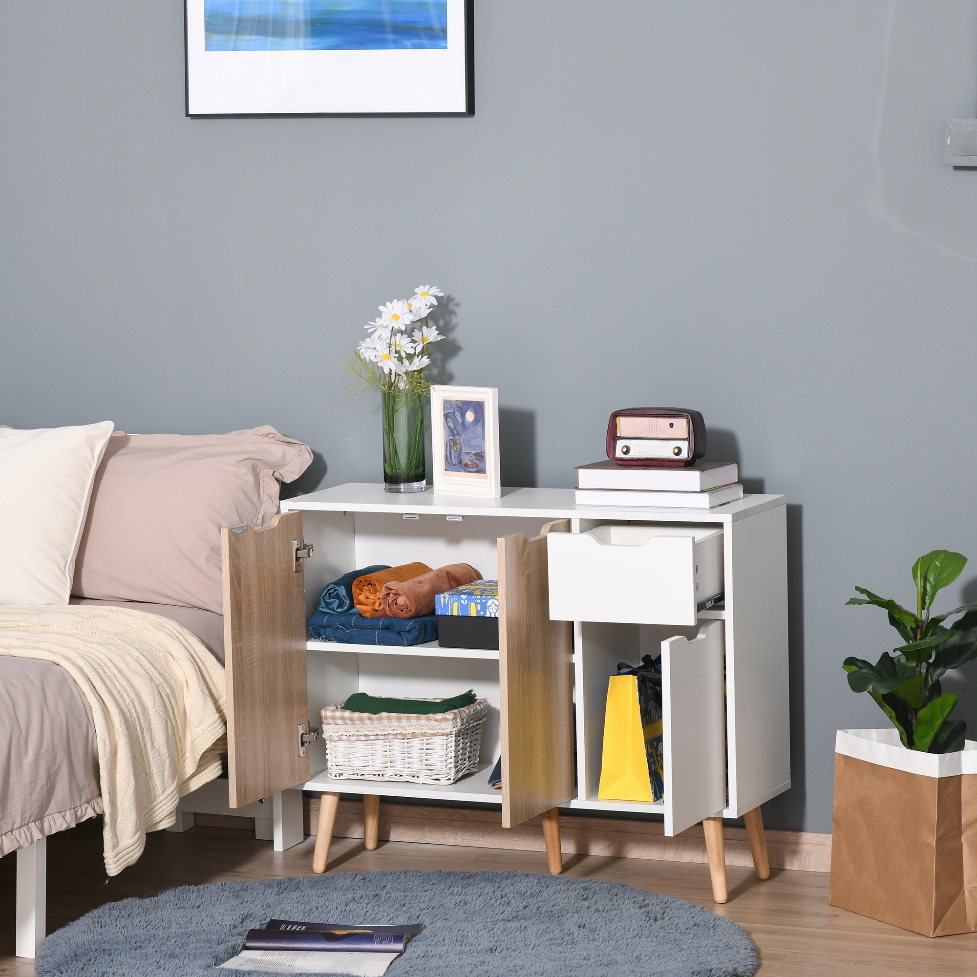 35" Sideboard Storage Cabinet with Drawer, White and Nature Wood - Image 6