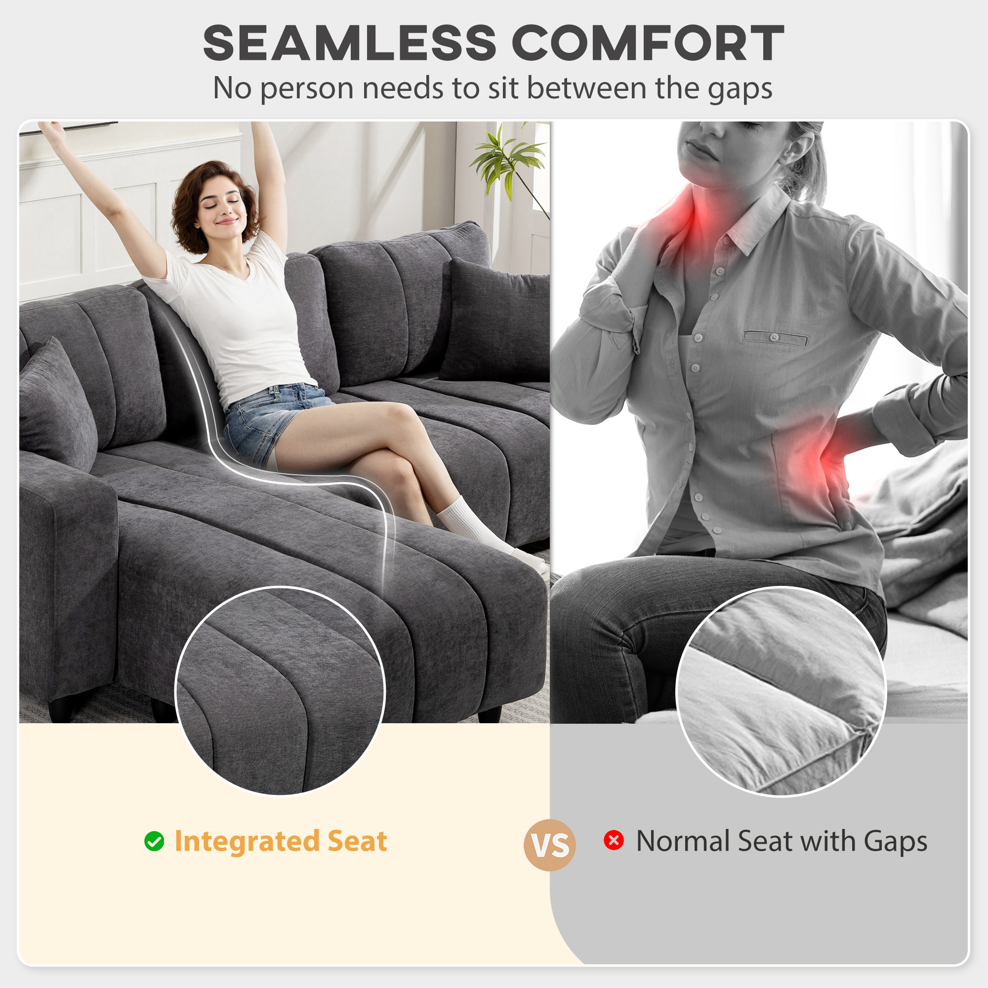 Sectional Couch with Integrated Seat, 3 Seater L-Shaped Sofa with Changeable Chaise, Spring Cushion, 2 Pillows, Grey - Image 3