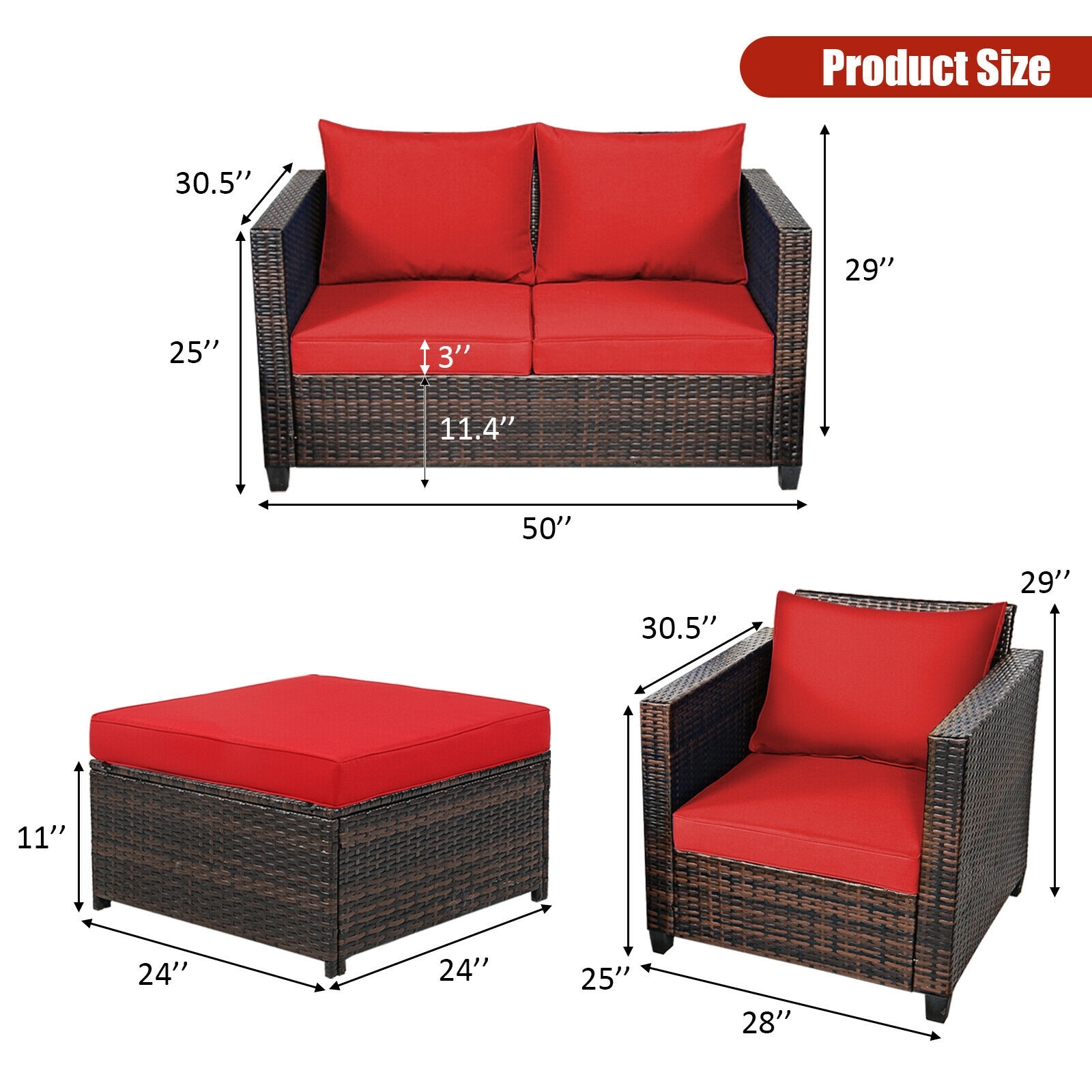 5 Pieces Patio Cushioned Rattan Furniture Set-Red - Image 3