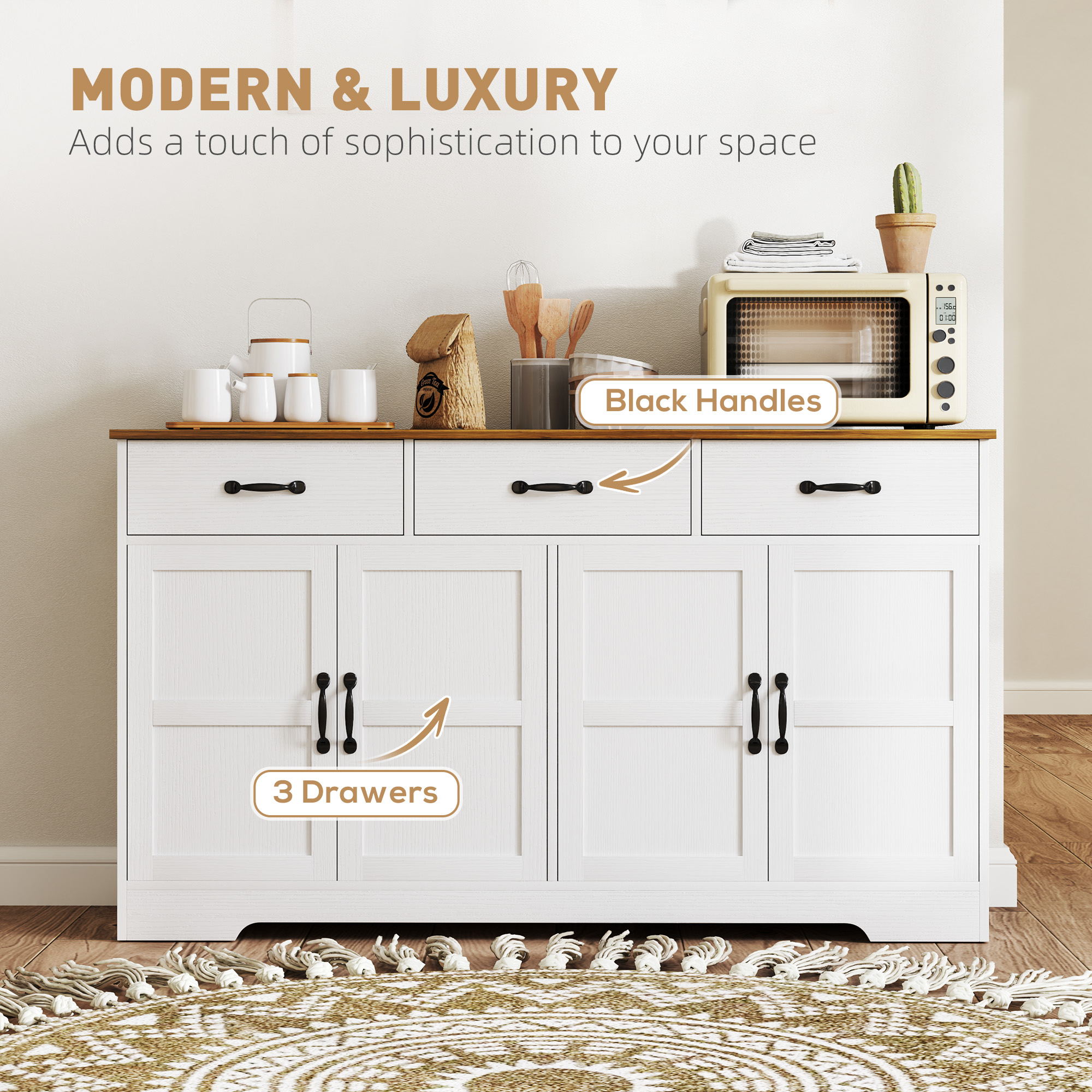 Sideboard Buffet Cabinet with Storage, Modern Coffee Bar Cabinet with 3 Drawers and Adjustable Shelves, Distressed White - Image 4