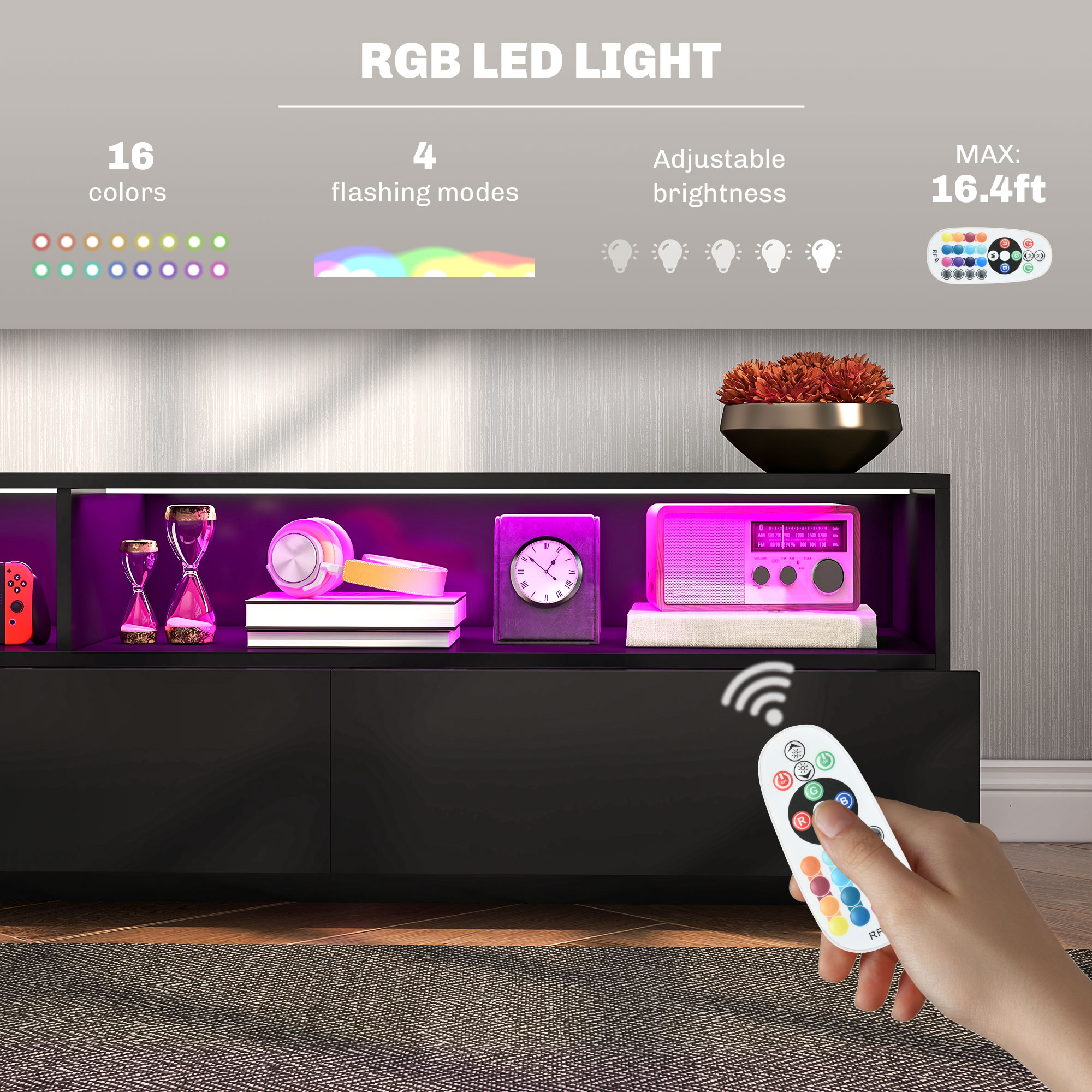 LED Lighted TV Stand for TVs up to 75", Modern TV Cabinet with Storage Drawers for Living Room, High Gloss Black - Image 2