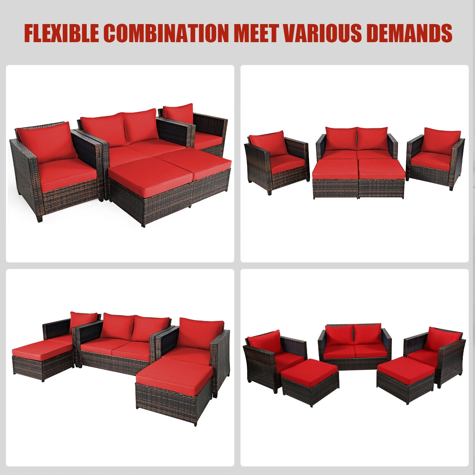 5 Pieces Patio Cushioned Rattan Furniture Set-Red - Image 6