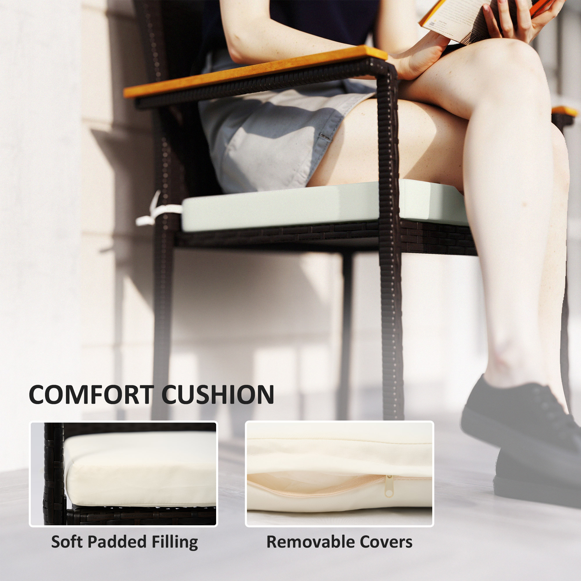 Stackable Wicker Patio Chairs Set of 2 with Removable Cushion, Armrest for Garden, Porch, Yard, Cream White - Image 3