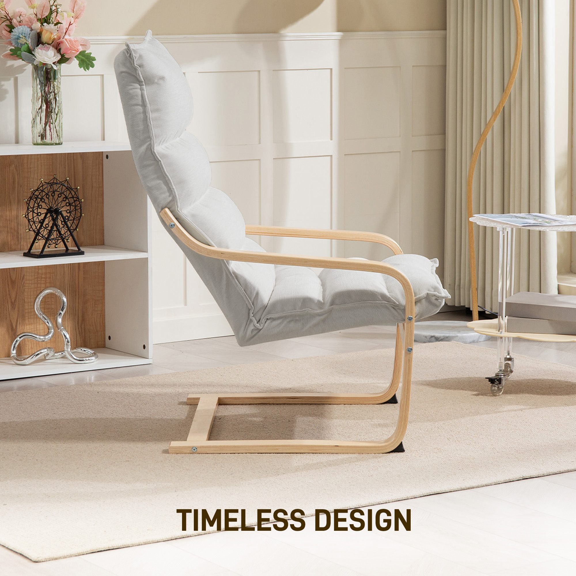 Birch Wood Fabric Modern Armchair, Accent Chair with Curved Leg and Arm for Living Room, Cream White - Image 3