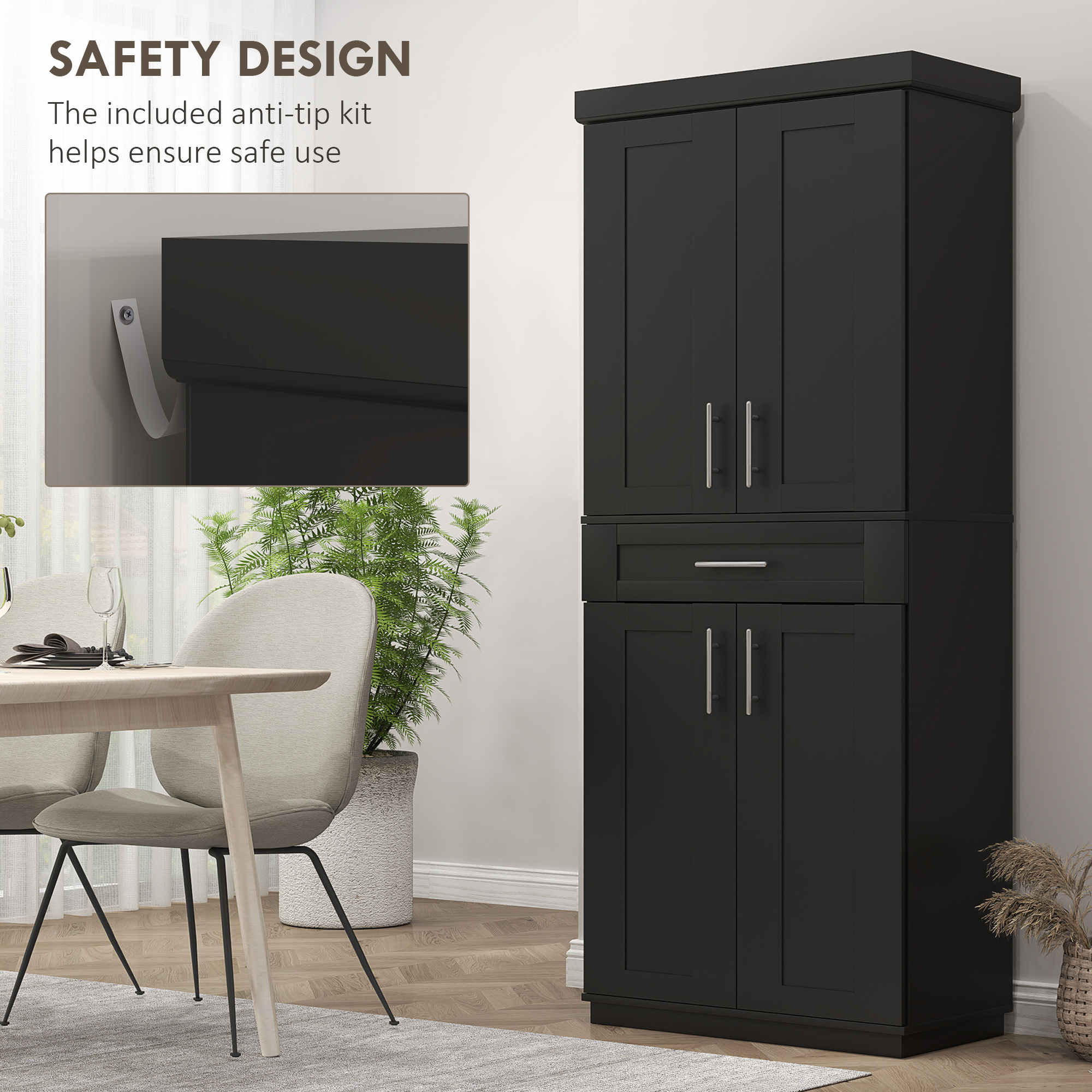 72" Storage Cabinet, Freestanding Kitchen Pantry Cabinet with 4 Doors, Drawer and 3 Adjustable Shelves, Black - Image 4