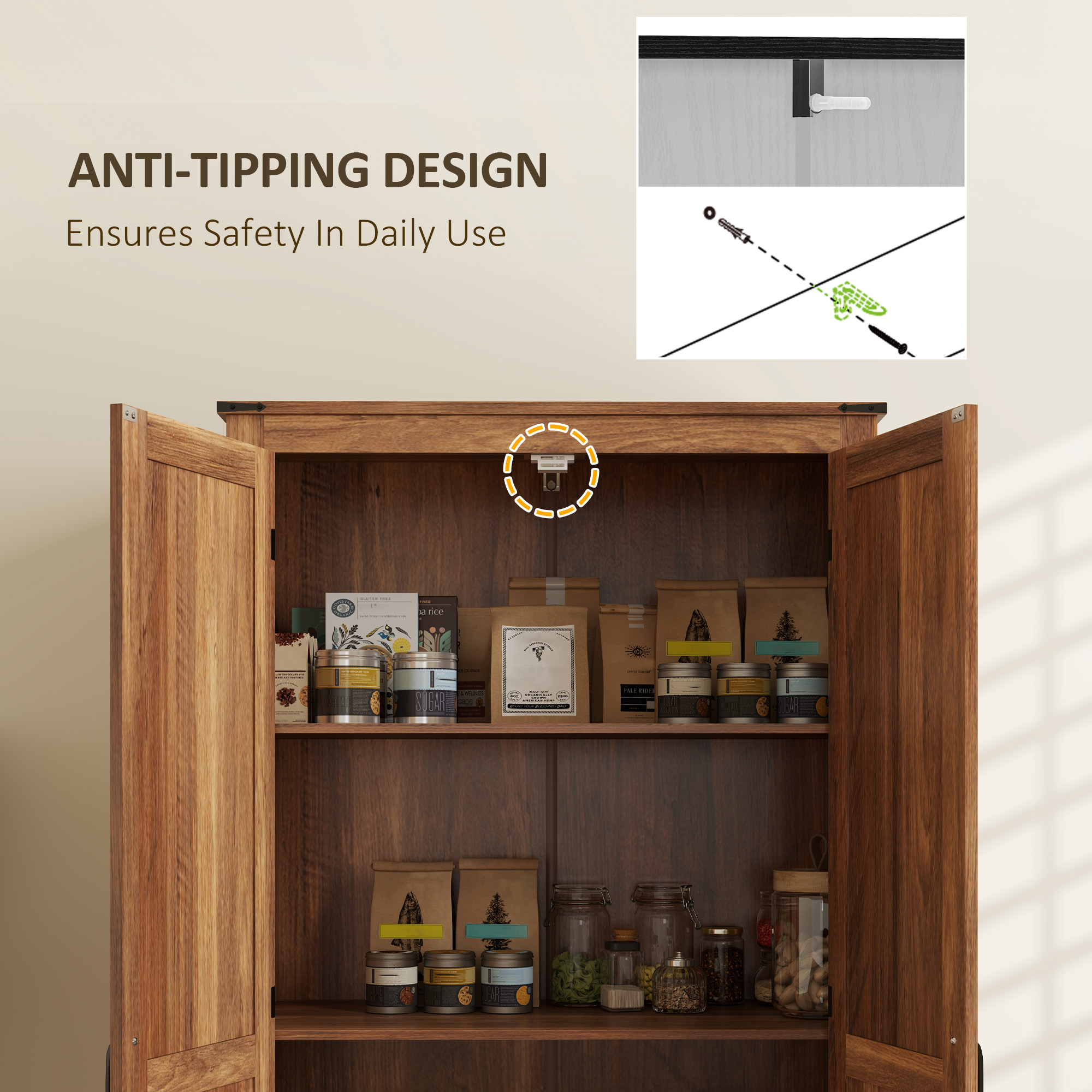 72" Farmhouse Pantry Cabinet with Adjustable Shelves, Kitchen Pantry Cabinet with 2 Doors, Brown - Image 5
