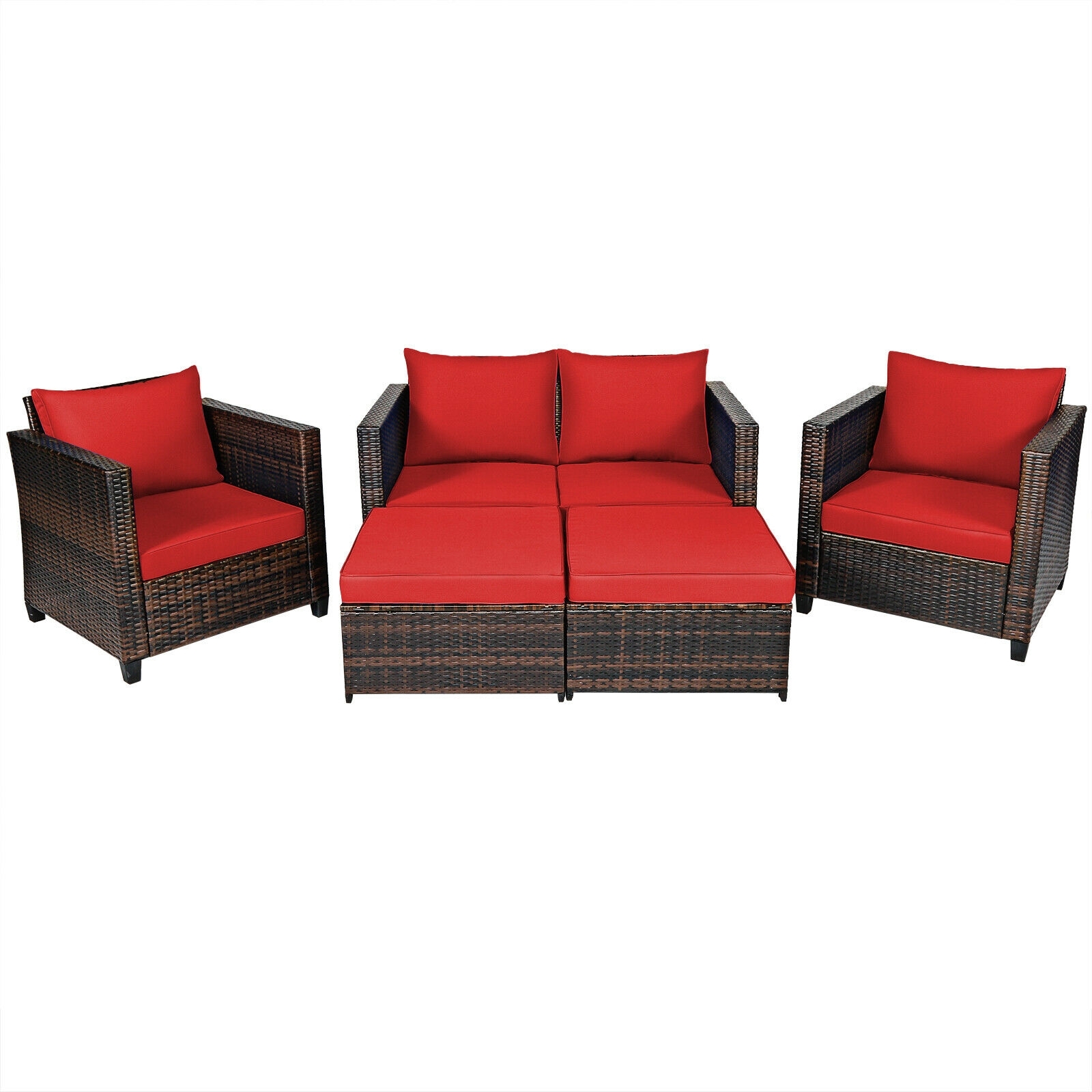 5 Pieces Patio Cushioned Rattan Furniture Set-Red - Image 2